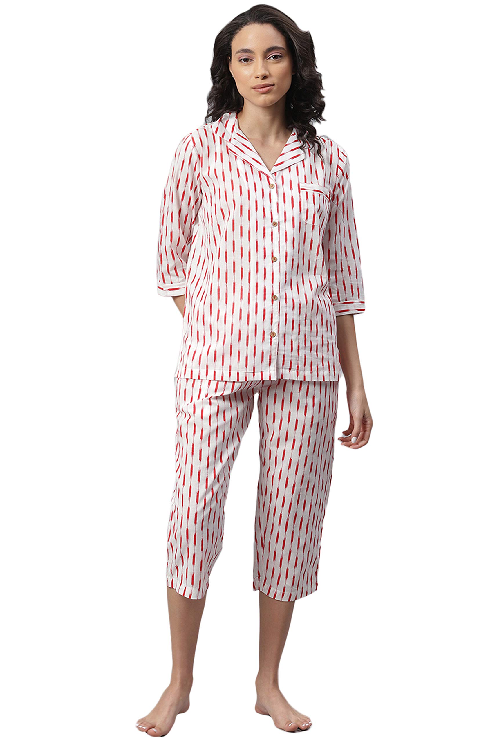 Janasya Women's White Cotton Night Suit Set