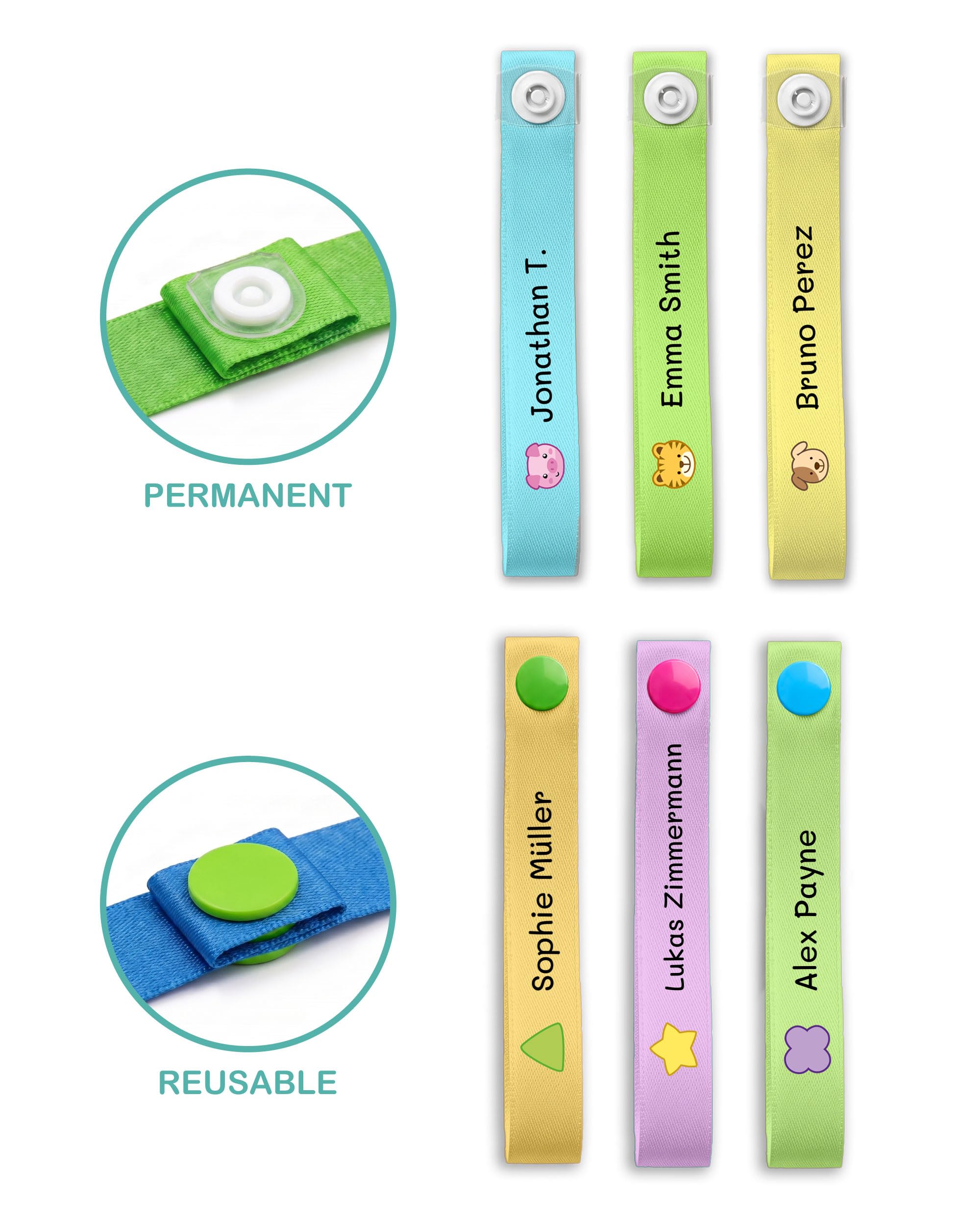 ETIKIDS 6 Cinghie per Appendere Vestiti Bambini Personalizzate con Nome, Etichette in Tessuto per Giacche, Grembiuli e Zaini, Senza Cucire, Lavabili
