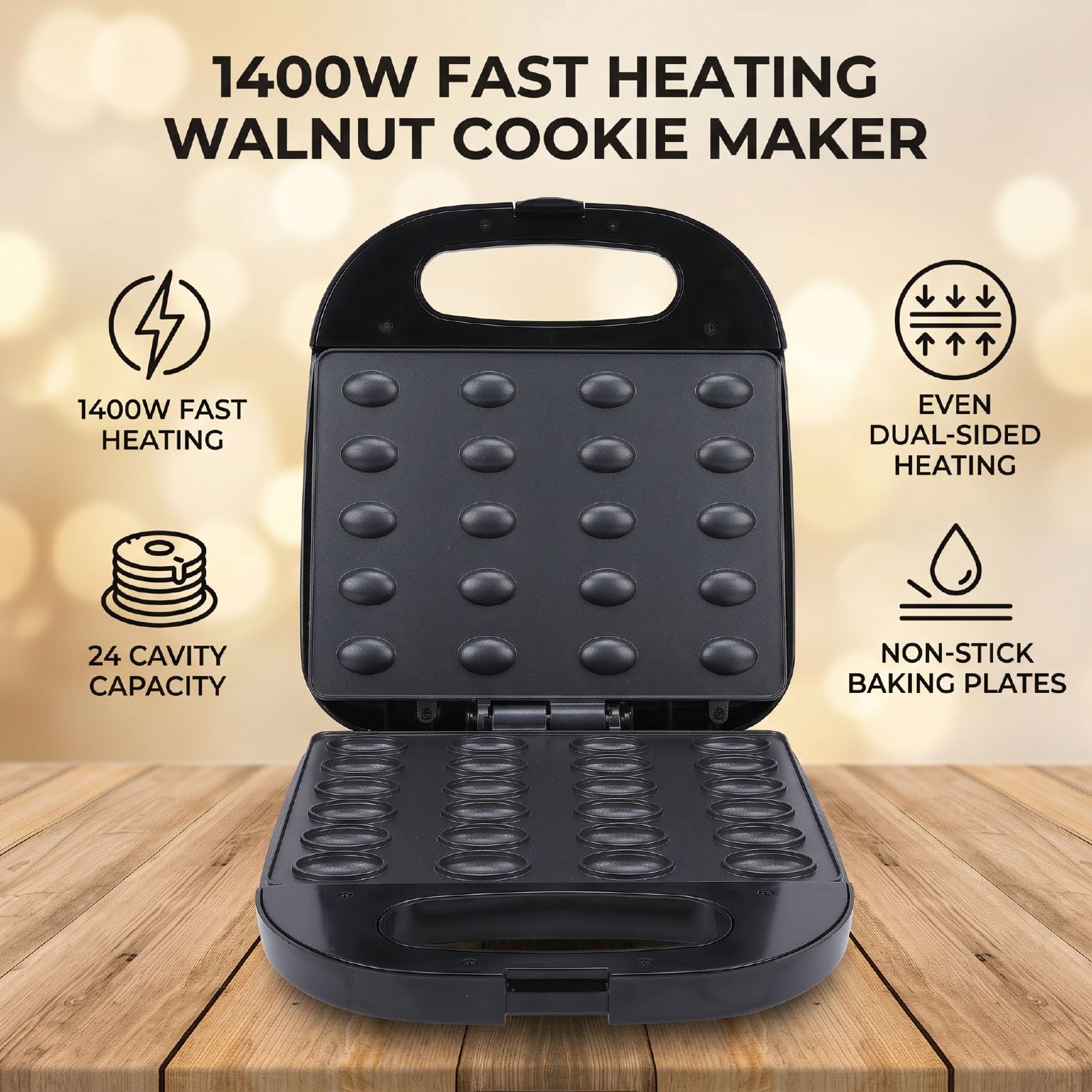 Elektrischer Kegelbäcker, 1400 W, Walnuss-Kuchenform, Antihaftbeschichtet, Sandwich-Grill-Toaster für Hausgemachte Desserts, Gebäck, Snacks, 24 Kapazitäten, Schnelles Erhitzen, (EU-Stecker