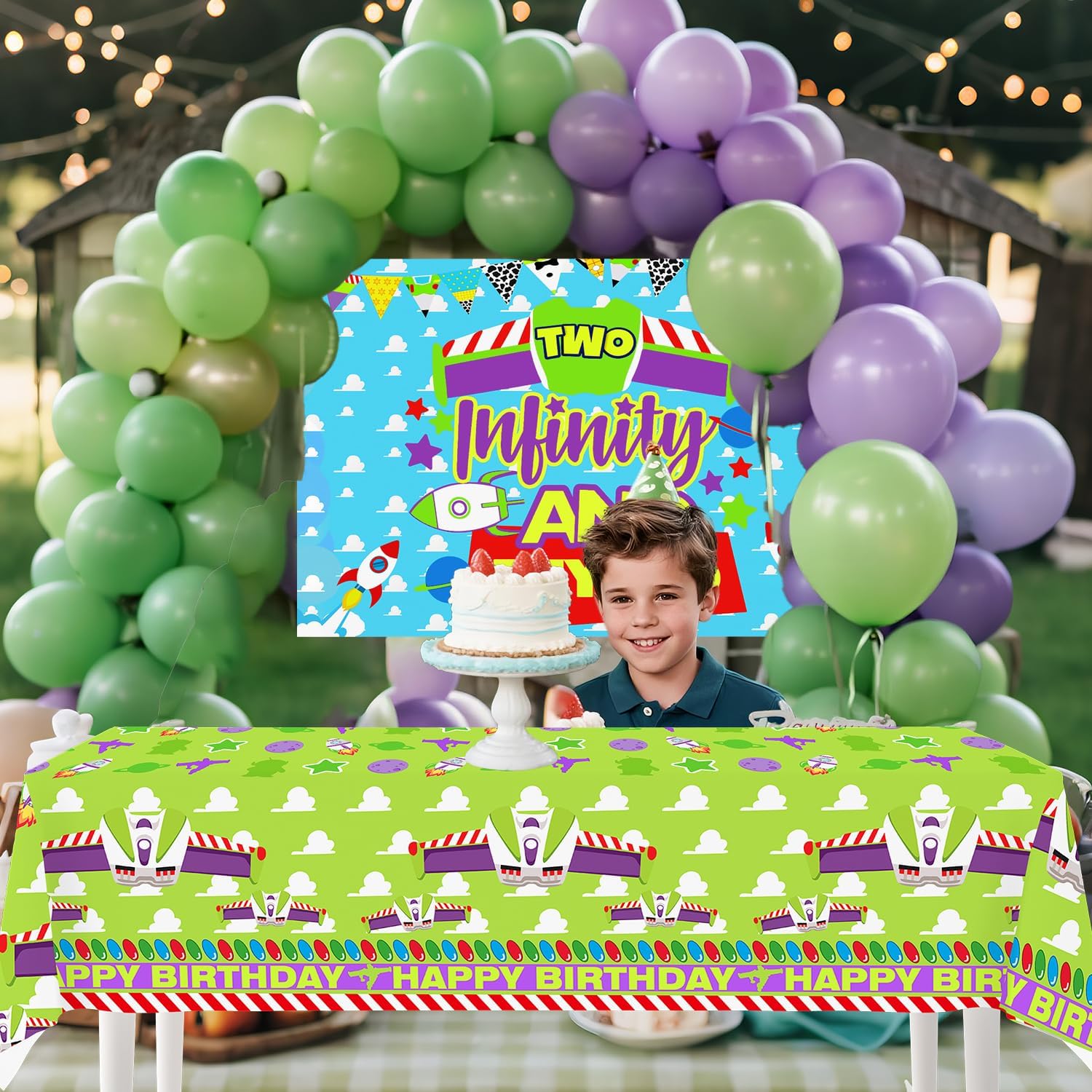 4ps Light Inspired Year Party Tablecloths Decorations Purple Sky and White Clouds Cow Cartoon Story Birthday Tablecover Party Supplies for Toy Game 1st 2nd 3rd 4th 10th Bday Decor (Purple Buz Year) image 5