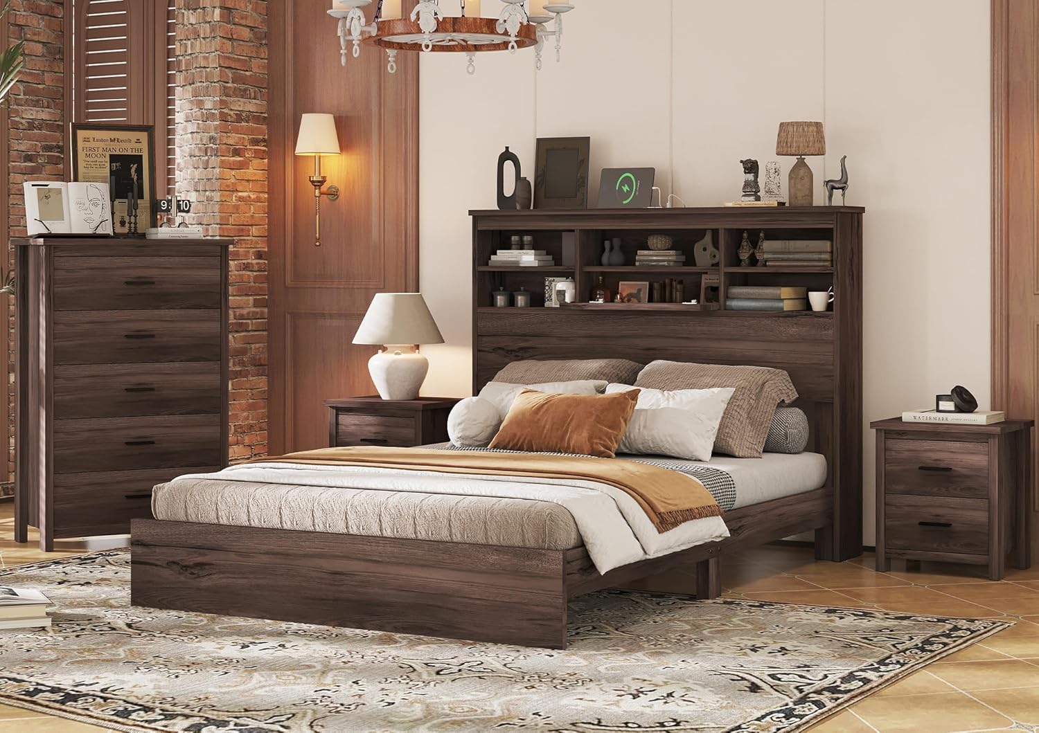 Merax 4-Pcs Queen Size Bed Frame Dresser Night Stand Bedroom Set, Platform with USB Charging Ports Storage Headboard & 1 x 5 Drawers Cabinet & 2 x Nightstands, Wooden, Walnut Queen Walnut image 3 of 8 B0D9GSLPML
