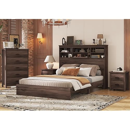 Merax 4-Pcs Queen Size Bed Frame & Dresser & 2 Night Stand Bedroom Set, Platform Bed with USB Charging Ports Storage Headboard, Cabinet Dresser with 5 Drawers, Nightstands, Wooden, Dark Walnut