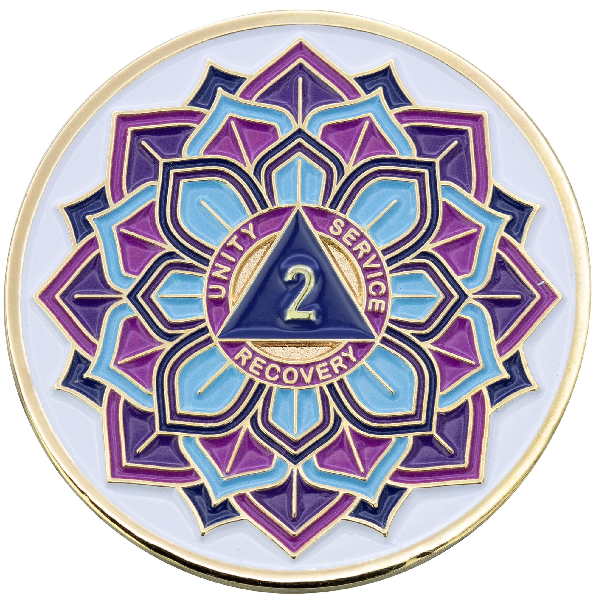 2 Year AA Coin - Sobriety Mint 'in Bloom' Lotus Flower Recovery Medallion/Chip - White/Gold
