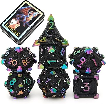 Metal DND Dice Set with Box 7pcs Hollow D&D Dice,Copper Polyhedral Dungeons and Dragons Dice Set Steampunk Polyhedral Dice Games Set for RPG,MTG,Pathfinder,D and D Dice Set Black Dazzle