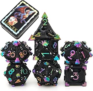 Metal DND Dice Set with Box,7pcs Hollow D&D Dice,Copper Polyhedral Dungeons and Dragons Dice Set Steampunk Polyhedral Dice Games Set for RPG,MTG,Pathfinder,D and D Dice Set (Black Dazzle)