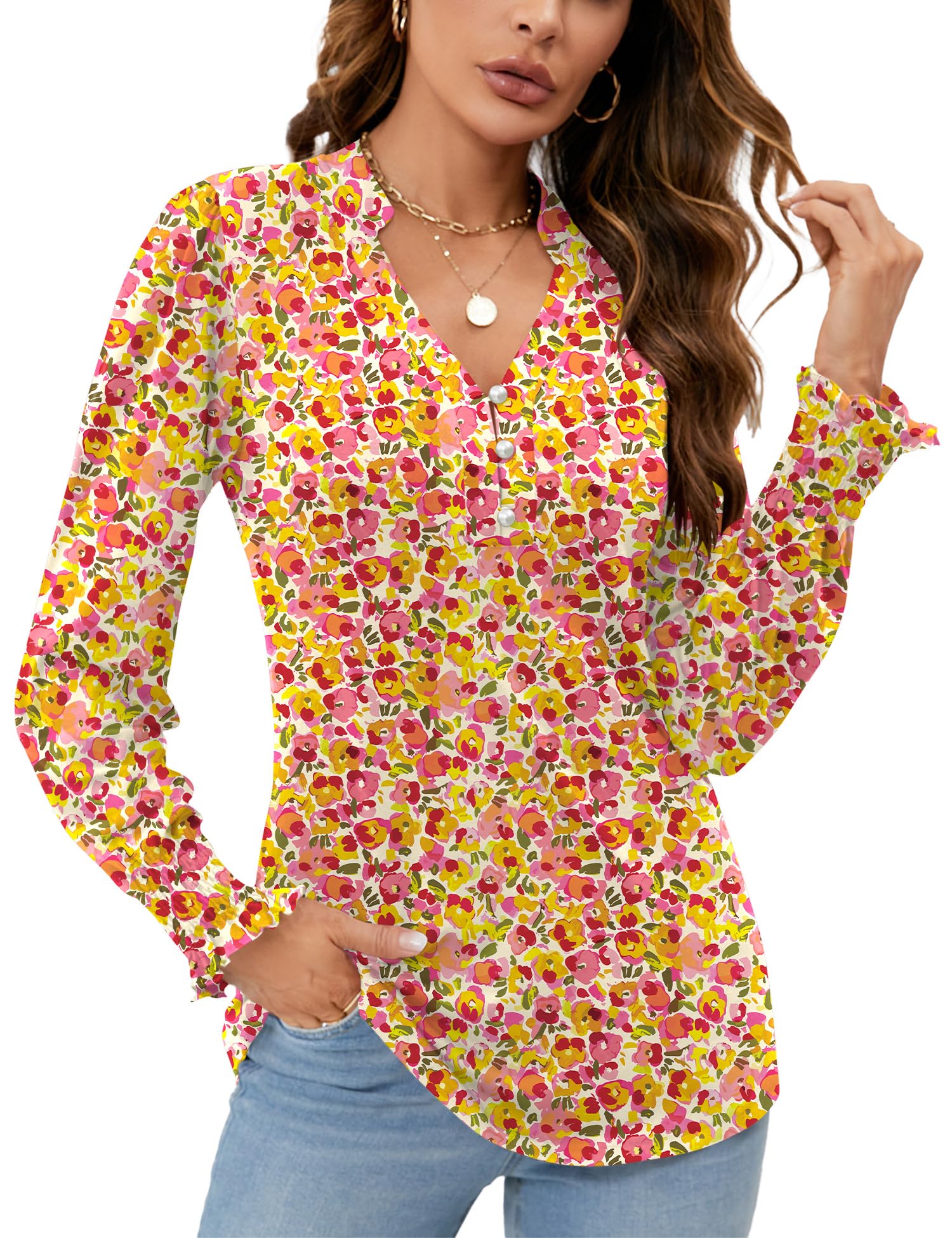 Rapbin Womens V Neck Puff Long Sleeve Button Down Tunic Blouses Fall Tops 2025 Ruffle Cuffs Dressy Casual T-Shirts