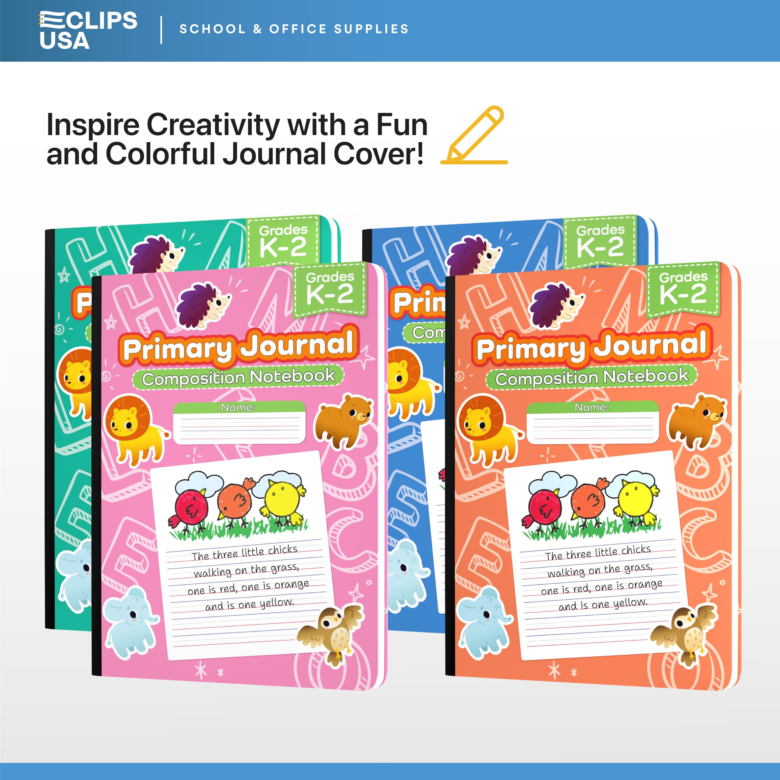E-CLIPS USA Quaderno per composizione primaria K-2, a righe, per scrittura primaria, per bambini, 100 fogli, 200 pagine, 19 x 24,8 cm, confezione da 48 pezzi, assortiti