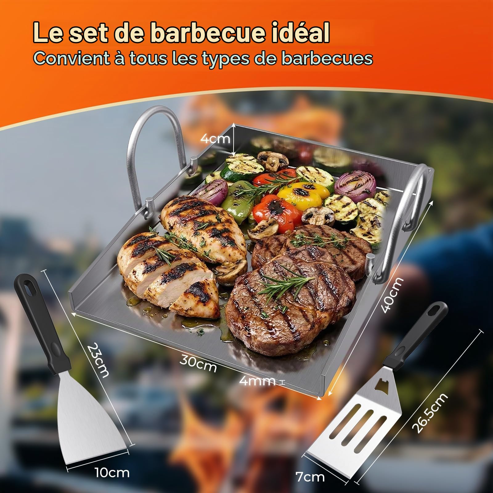 Plancha en Acier inoxydable 40 x 30 cm avec 2 Spatules, plaque en acier inoxydable de 4 mm, Sans bord avant, idéale pour les hamburgers, les légumes, le poisson, etc.