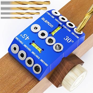 BLEKOO Angled Drill Guide Jig with Level, Drill Guide with 4 Bits for Wood Posts & Cable Railing Lag Screw Kit, Durable All Metal Drill Jig for Drilling 30, 45, 90 Degree Angle Holes Blue-Level
