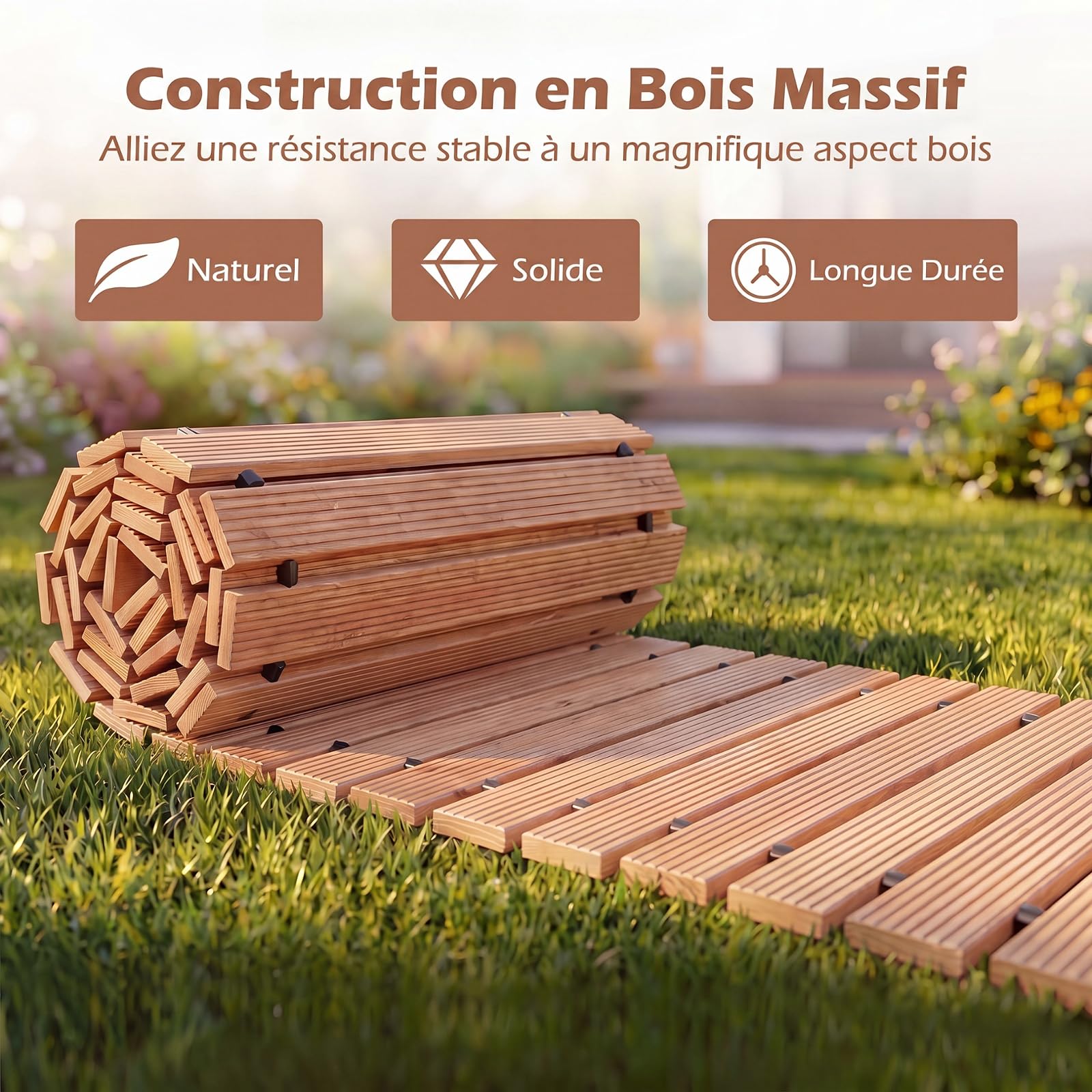 GYMAX Allée de Jardin en Bois 367 cm, Chemin Enroulable Déroulable Extérieure Résistante aux Intempéries, Instantané Pliable, pour Jardin, Terrasse, Cour, Plage, Fête de Mariage (Naturel)