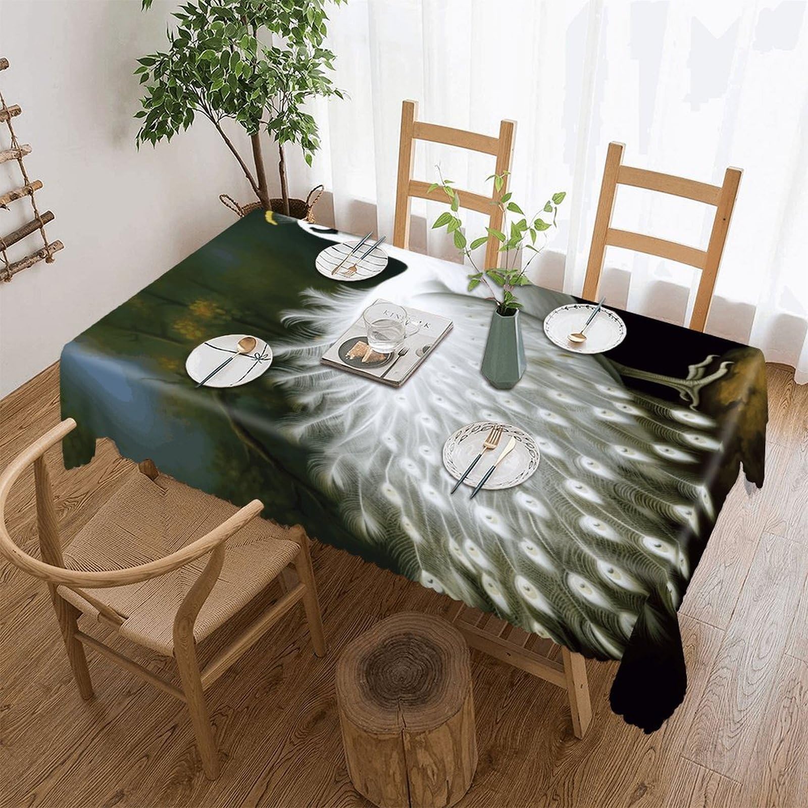 FekiLoot White Peacock Tablecloths for Rectangle Tables Wipeable Spillproof Polyester Table Cloth Wrinkle Free Farmhouse Dining Tables Cover Elegant Vintage Decor Tablecover