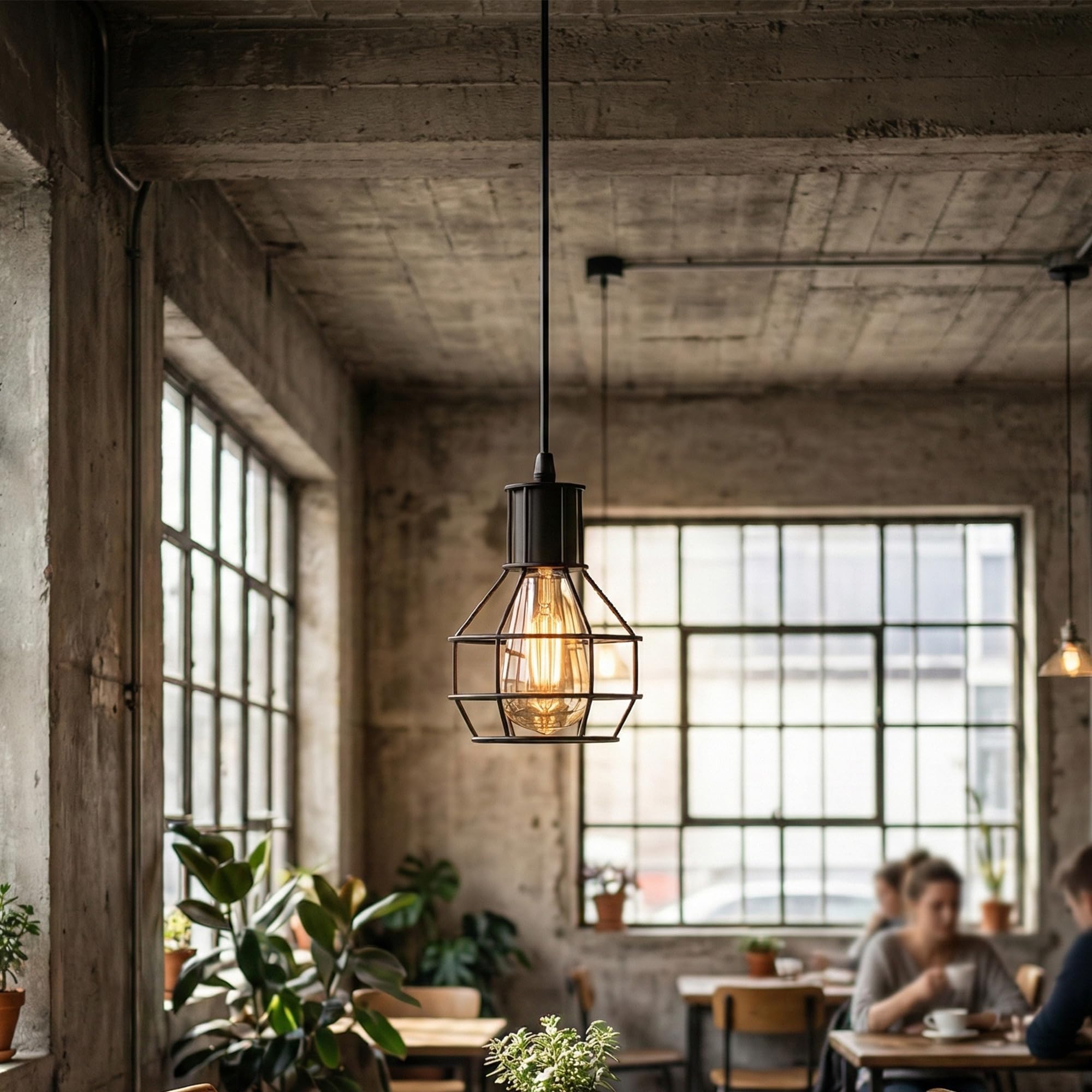 LEDSone Wire Cage Pendant Light with Bulb, Adjustable Hanging Cable 90cm, Black Metal Basket Ceiling Hanging Lamp E27, Industrial Lantern Style Light for Kitchen, Dining Room, Loft Indoor Use