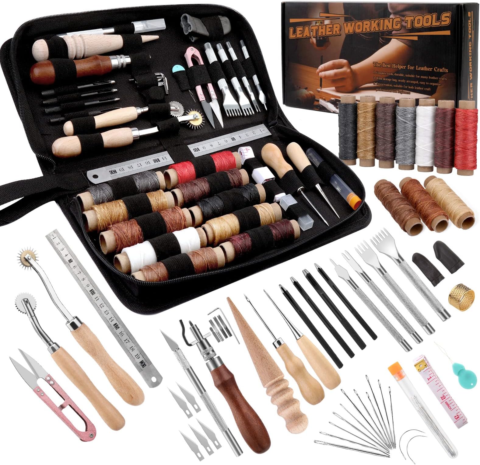 BAGERLA Leather Working Tools and Supplies, Leather Tooling Kit with Waxed Thread Awl Prong Punch Groover Tracing Wheel Punch Working Kit for Beginners DIY Sewing Craft