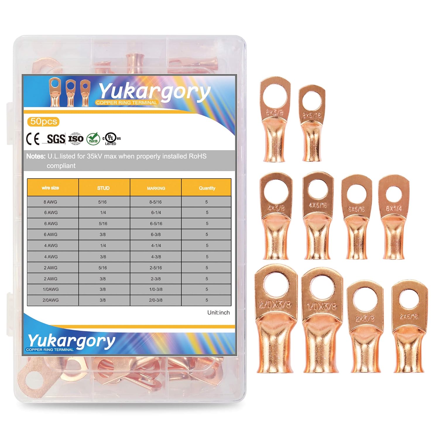 Copper Wire Battery Lug, 50pcs 10 Types Battery Cable Ends Ring Terminal Connectors Lugs