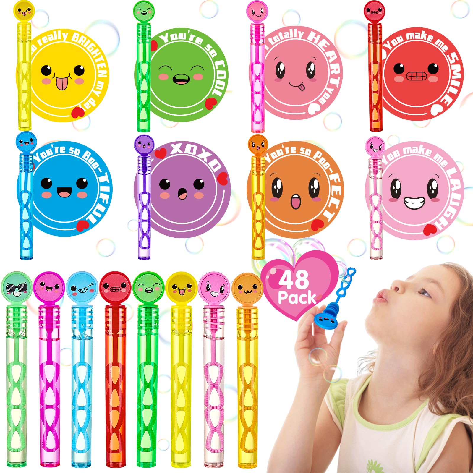 Valentines Day Gifts for Kids- Valentines Day Cards for Kids School- Set of  48 Pack Mini Bubble Wands- Valentine Cards for Kids Boys Girls Classroom