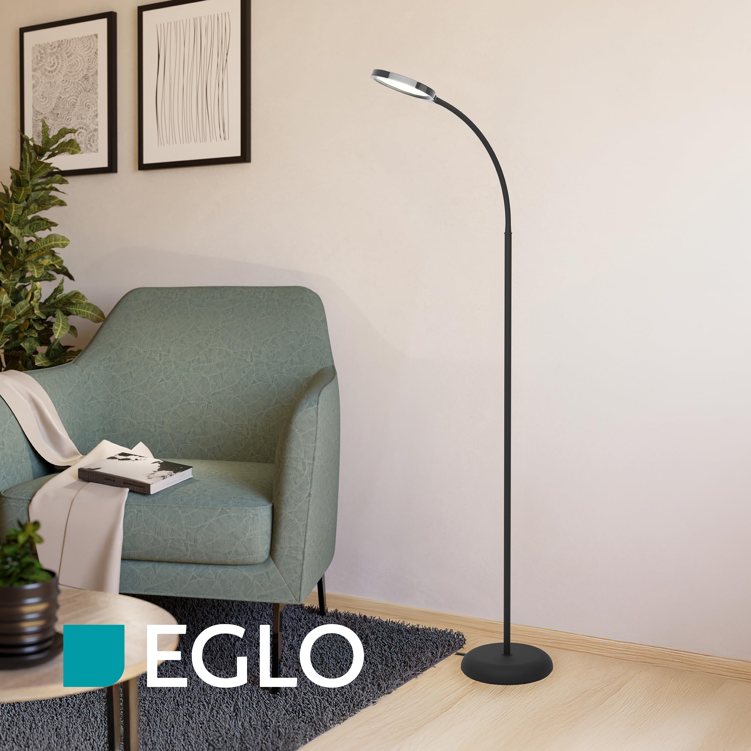 EGLO LED Stehlampe Lauro, Lampe Wohnzimmer, Standleuchte touch dimmbar | flexible Leselampe aus Kunststoff in Schwarz, warmweiß-kaltweiß, 132 cm