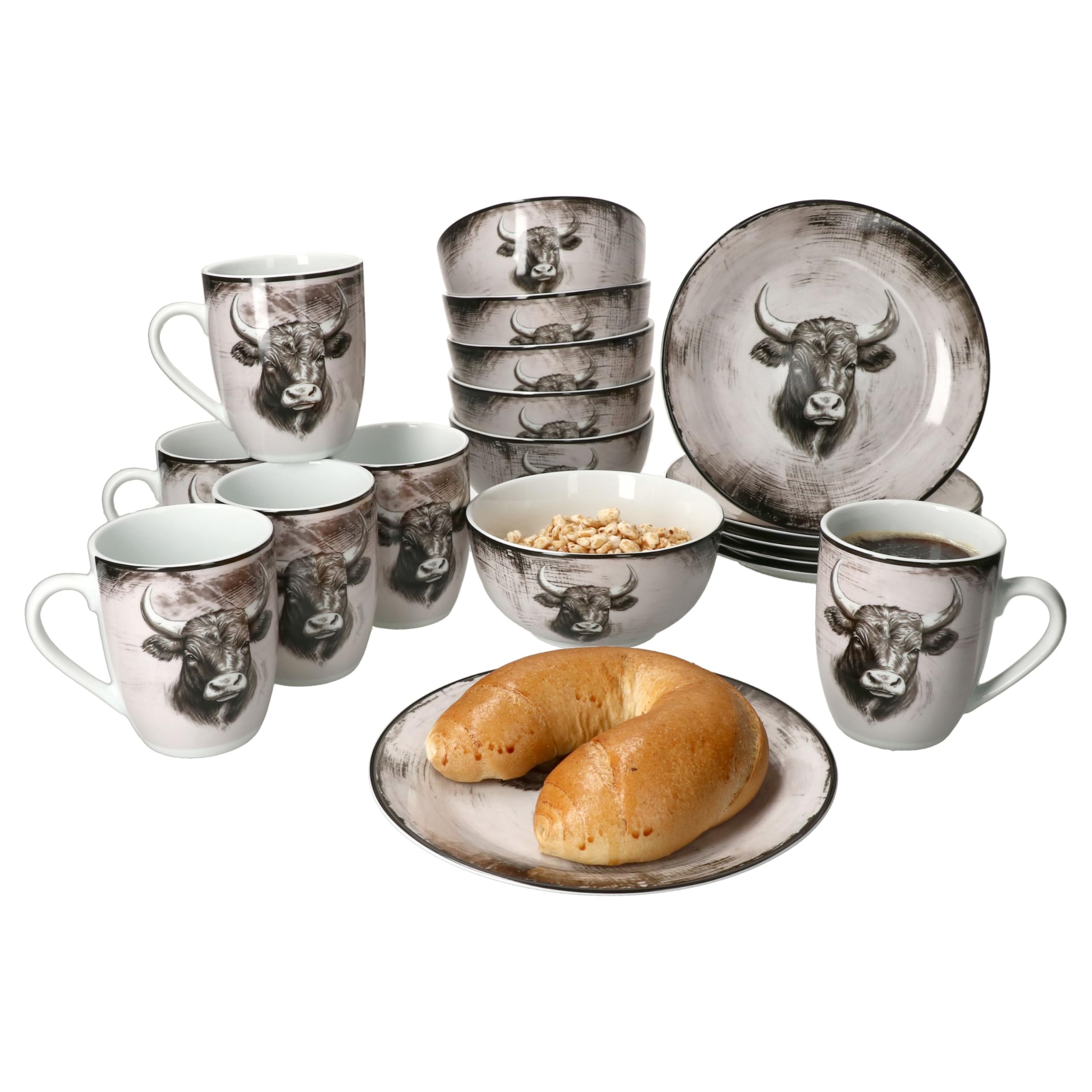 MamboCat Toro 18tlg Frühstücksset I Porzellan-Geschirr mit Kuhmotiv für 6 Personen I je 6x Kaffeebecher 280 ml, Frühstücksteller & Müslischalen I rosa-cremefarbener Landhaus-Stil