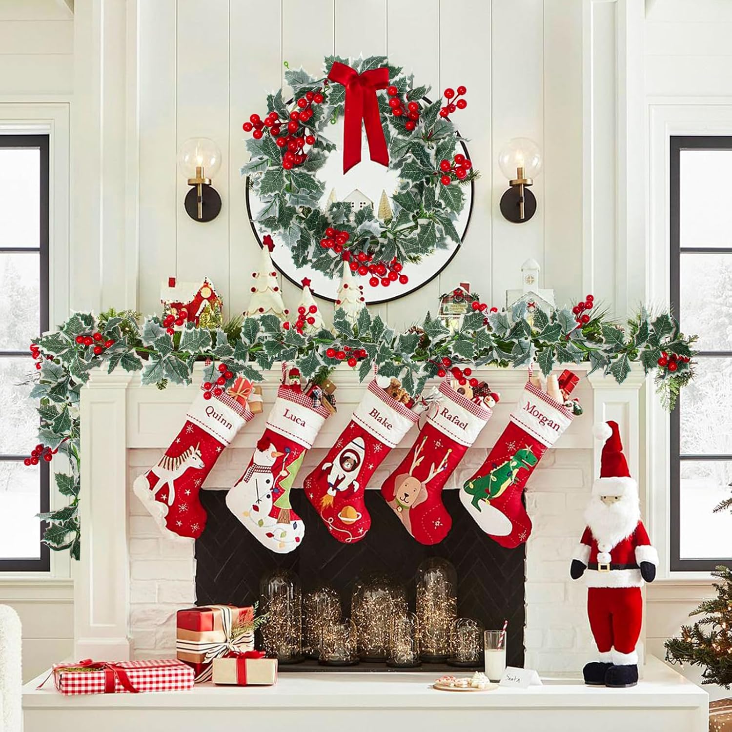 3 Pack Christmas Berry Holly Garlands 25.5 Feet Artificial Greenery Garlands with White-Edged Green Leaves Winter Snowy Hanging Vine for Xmas Home Dining Room Deck Railing Staircase Decorations - Image 6