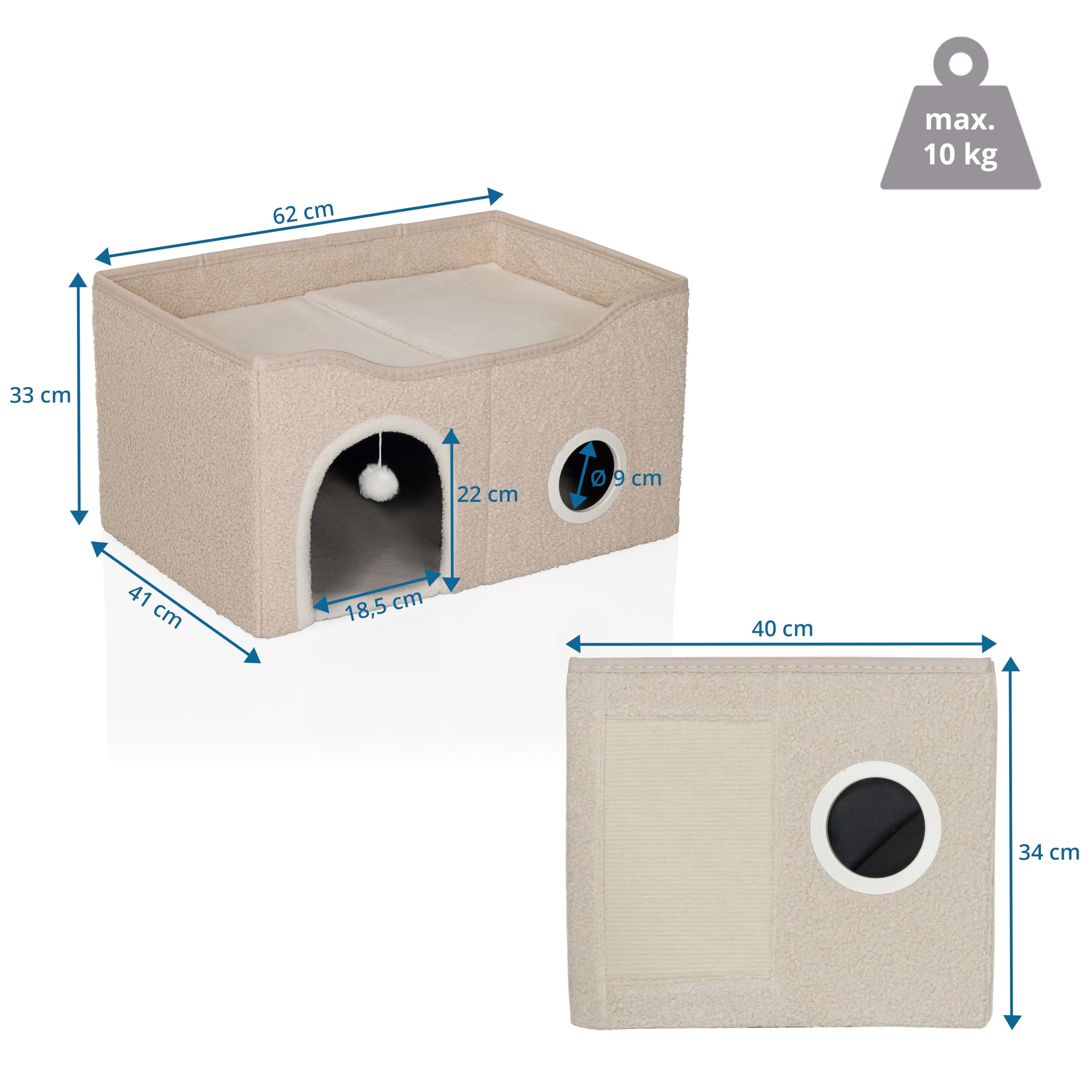 Pawy EB Niche pliable pour chat d'intérieur avec planche à gratter et balle de jeu, grande surface de couchage, beige, 62 x 41 x 33 cm