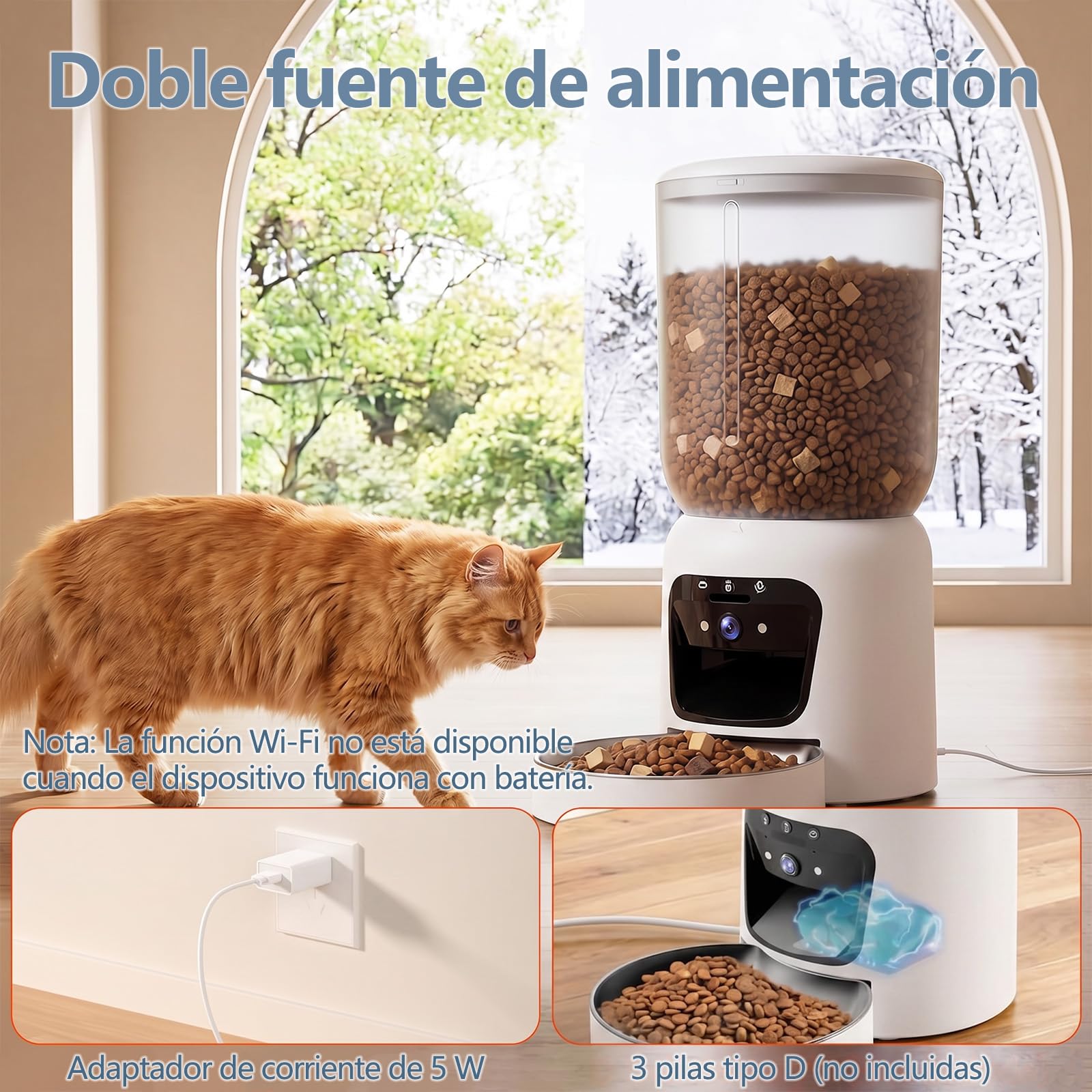 Comedero Gato Automatico con Cámara, 6L Dispensador WiFi 5G/2.4G | Visión Nocturna Color y Movimiento Detección, Comedero Inoxidable, Programación 10 Comidas, Voz Grabación, Batería Repuesto
