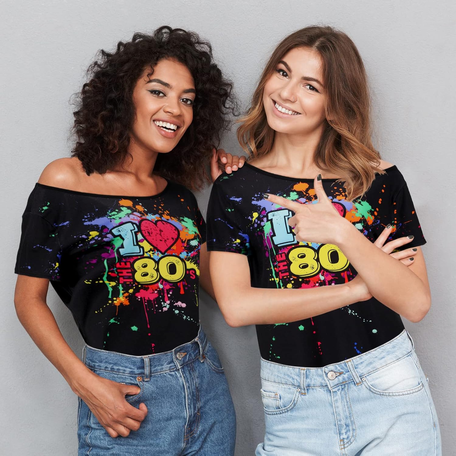 80s Outfit for Women Plus Size I Love The 80's Costumes 80s Off Shoulder T-Shirt Tops Neon Clothes Oversized (Black,Small) - Image 5