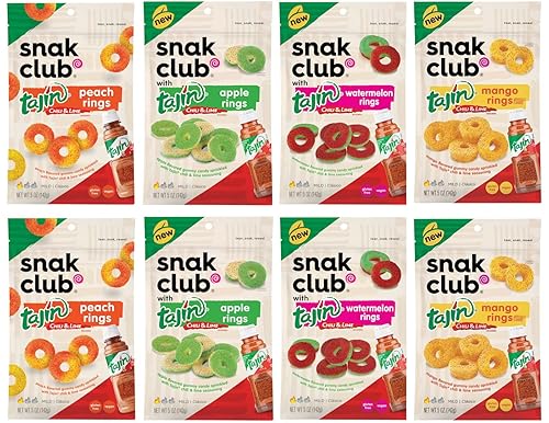 Miniatura 2 de Snak Club Tajin Fruit Gummy Rings Snack Peak Caja de regalo variada 8 bolsas de 5 onzas  Melocotón manzana mango y sandía