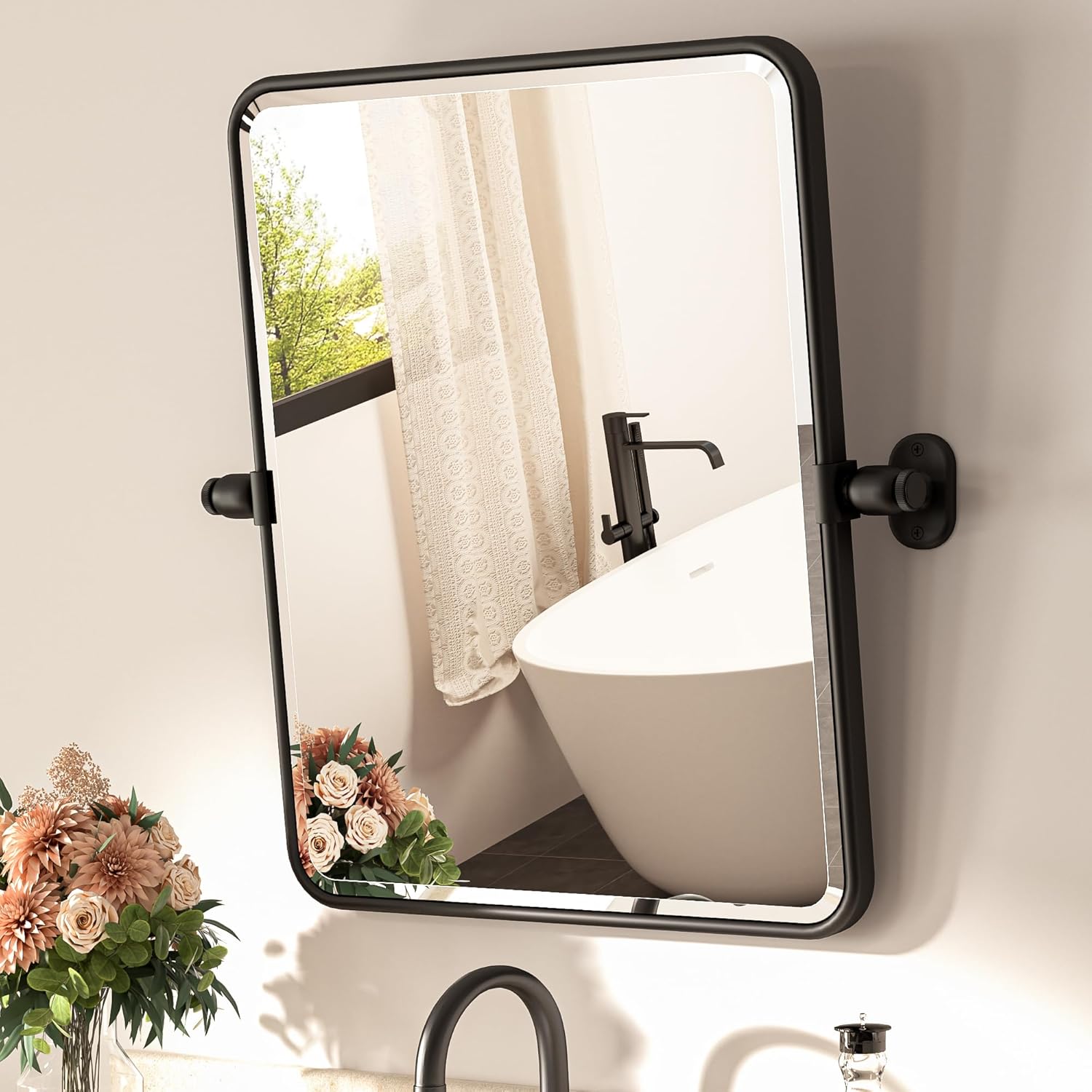 TETOTE Pivot Mirror for Bathroom 16 x 20 Matte Black Tilt Beveled Rectangle Metal Framed Pivoting Bathroom Vanity Mirror, Modern Farmhouse Adjustable Tilting Wall Mirror, Horizontal/Vertical 20"L x 16"W Matte Black