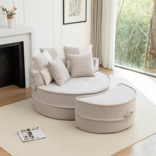 Übergroßer Lounge Sessel mit Ottomane, knochenloser Sofa-Sessel aus Chenille-Stoff, waschbare Kissenbezüge, 121x107 cm, 42 cm Sitzpolsterung – montagefrei, geräuschlos