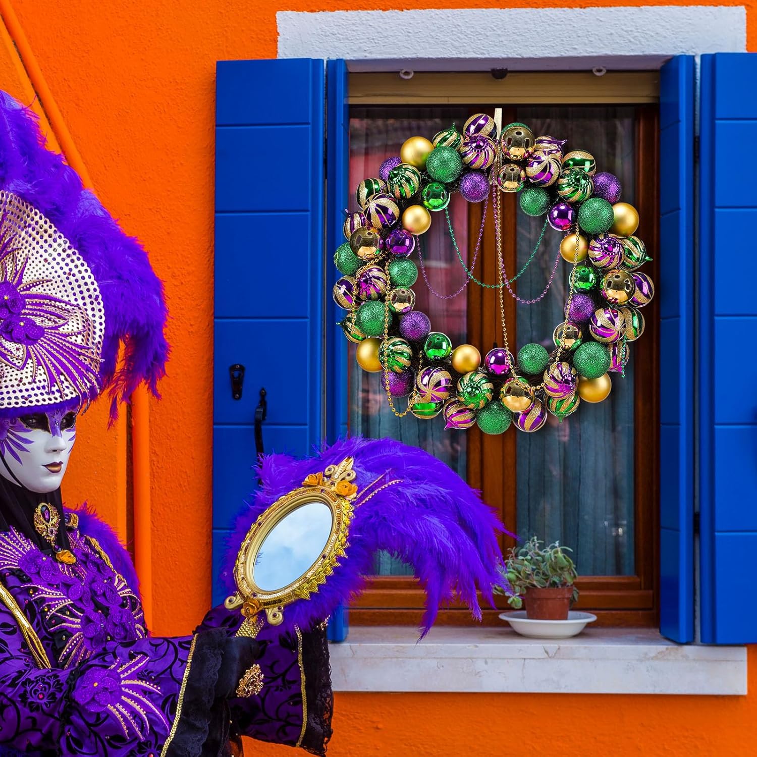 Riceshoot 24 Inch Mardi Gras Door Wreath Large Mardi Gras Wreath for Front Door Green Purple Gold Party Decorations for Outdoor Holiday Party Favors