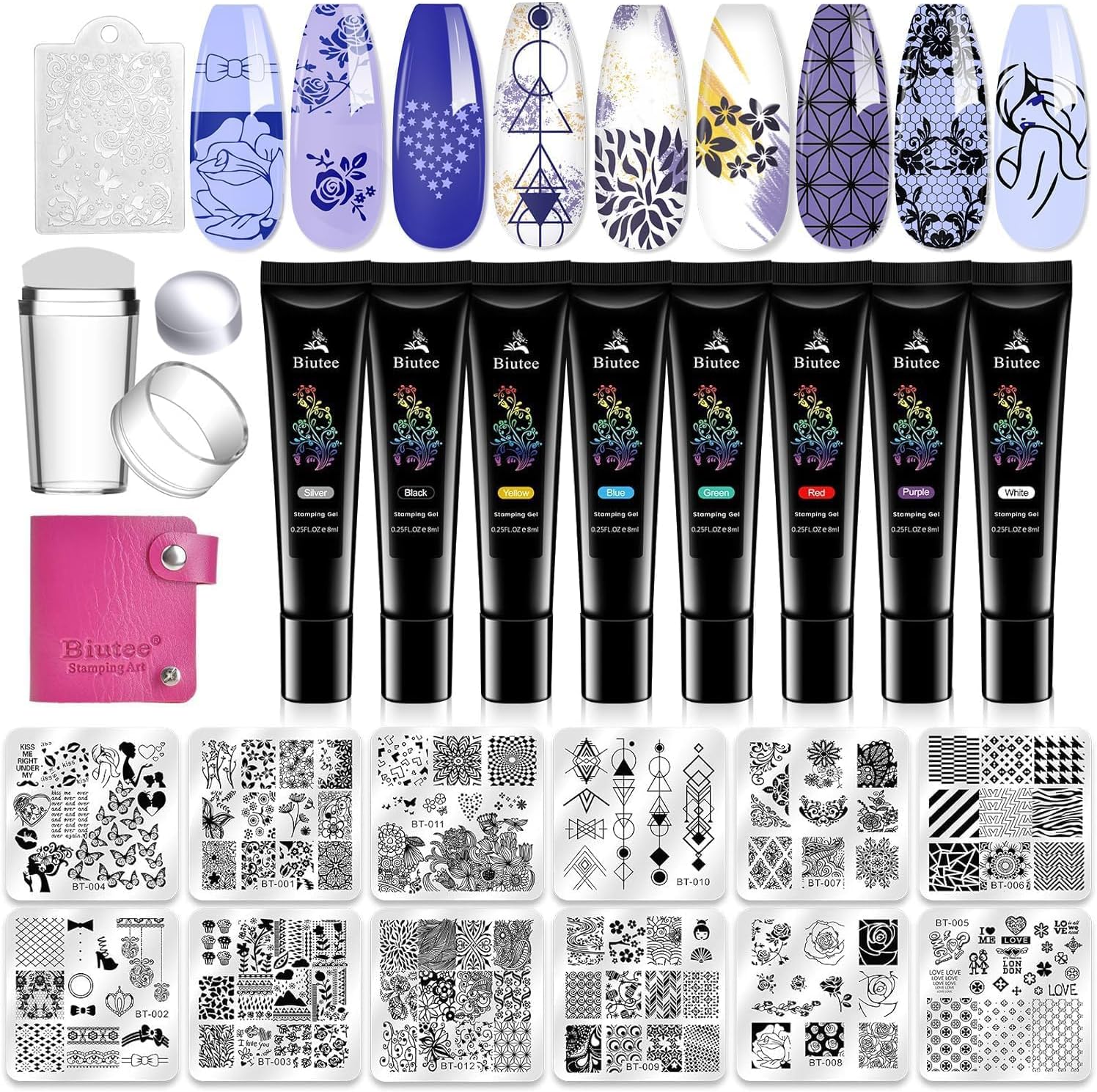 Biutee Nail Stamper Kit 12Pcs Nail Stamping Plate 8Pcs Stamping Gel Polish Nail Stamping Kit with Silicone Stamper Scraper Storage Bag Lace Plaid Stamp Template Holiday Gift for Women