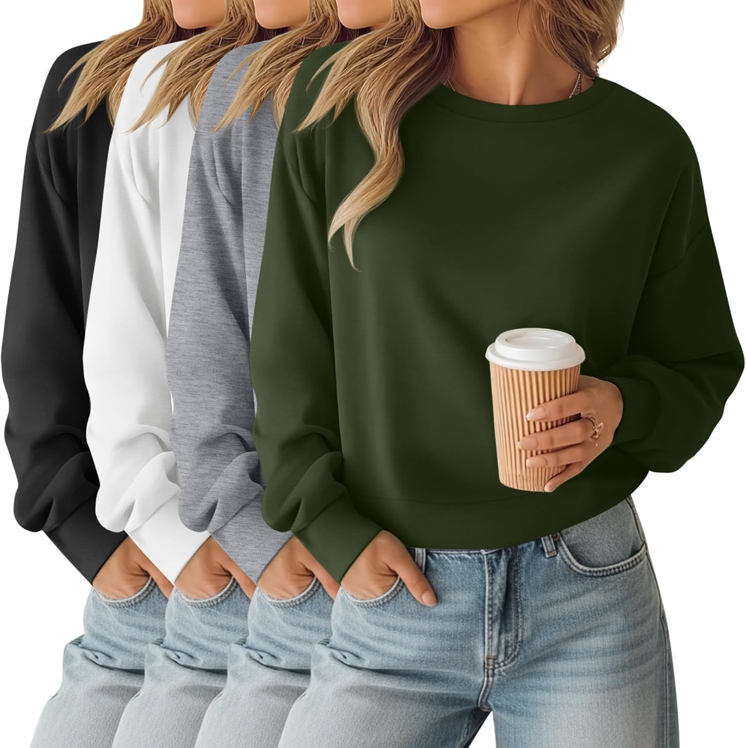 4 Pack Womens Long Sleeve Cropped Sweatshirts Crew Neck Loose Fit Pullover Thermal Tops