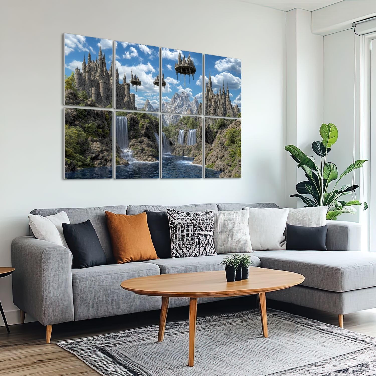 8 Pack Art Acoustic Panels Sound Absorbing 3D Space Forest Waterfall Castles Waterfalls Mountains Rivers Decorative Soundproof Wall Panels Self Adhesive for Recording Studios Office 48"x32"