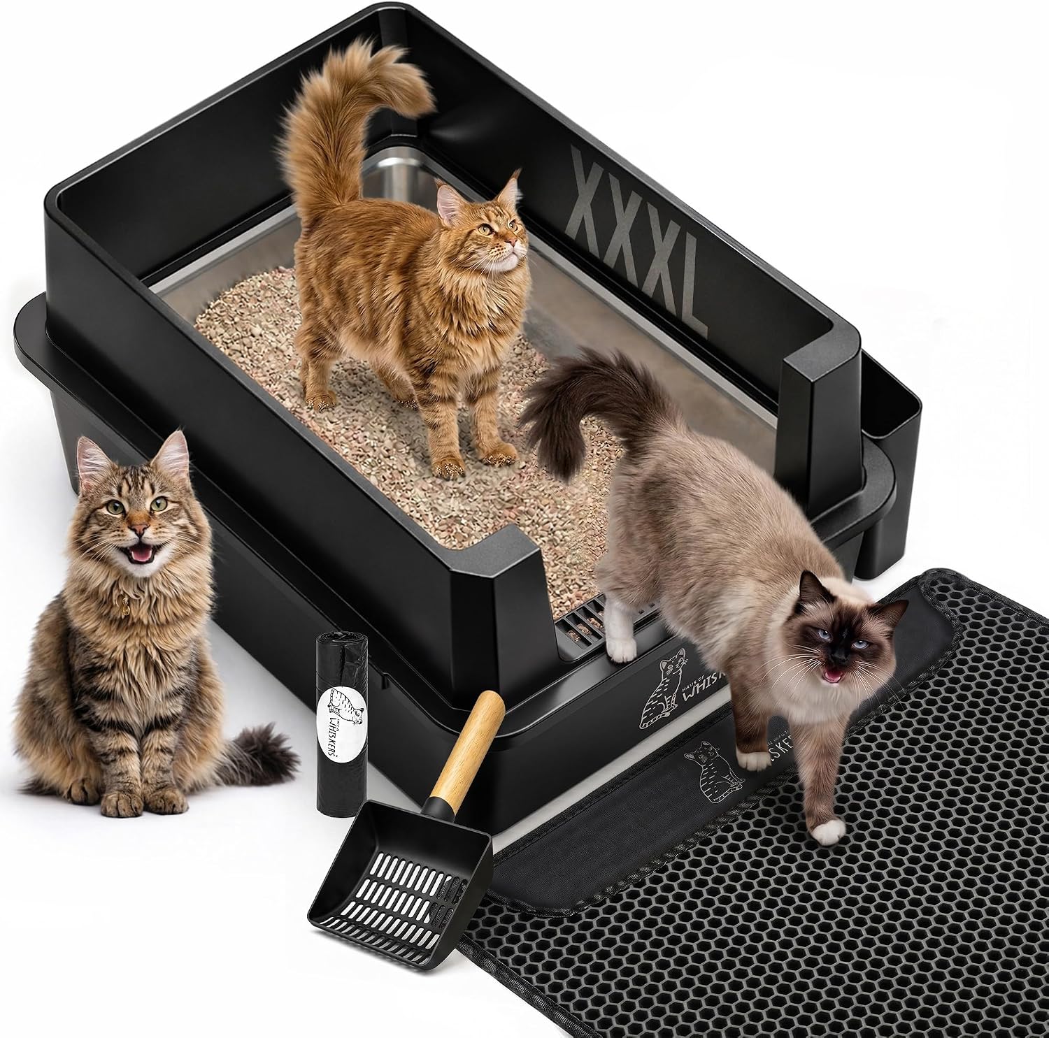 Black XXXL Stainless Steel Litter Box with Mat 28" L x 20" W x 12" H - Extra Large Cat Litter Box - Anti-Leak Buckle, Step Pedal, Scoop & Waste Bags - Non-Stick Easy to Clean