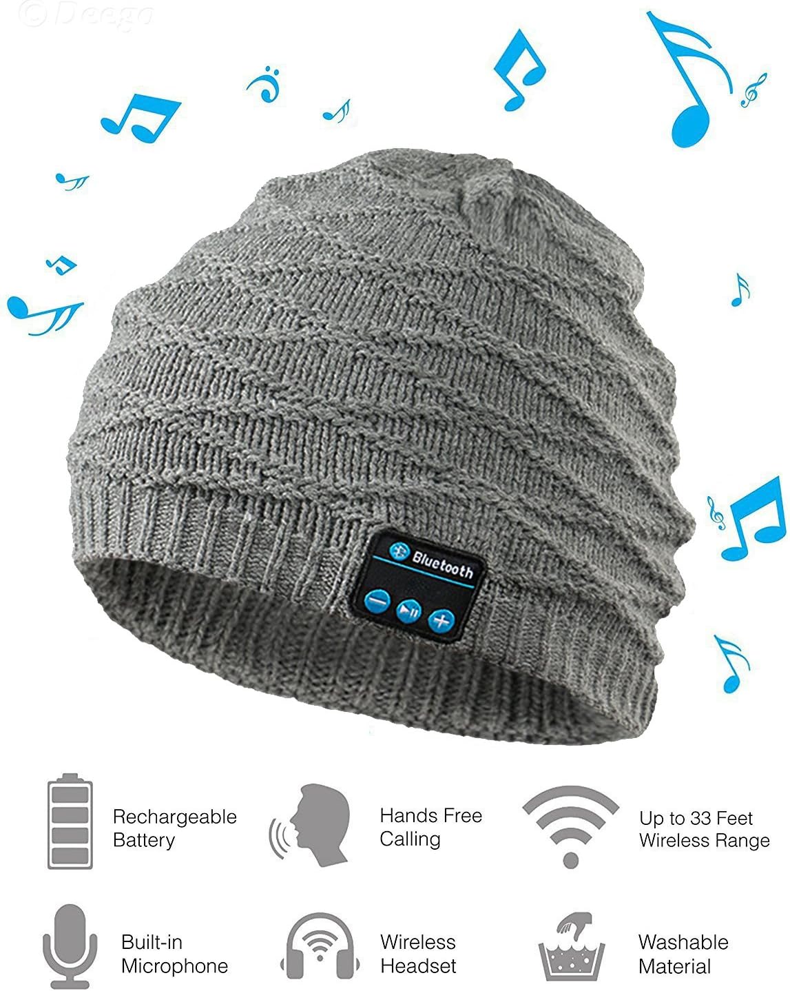 Bluetooth Beanie Hat Headphone, Wireless Musical Winter Knit Cap with Built-in Stereo Speaker Headphones Microphone Hands Free for Cell Phones, iPhone, iPad, Android, Laptops, Tablets(Grey)