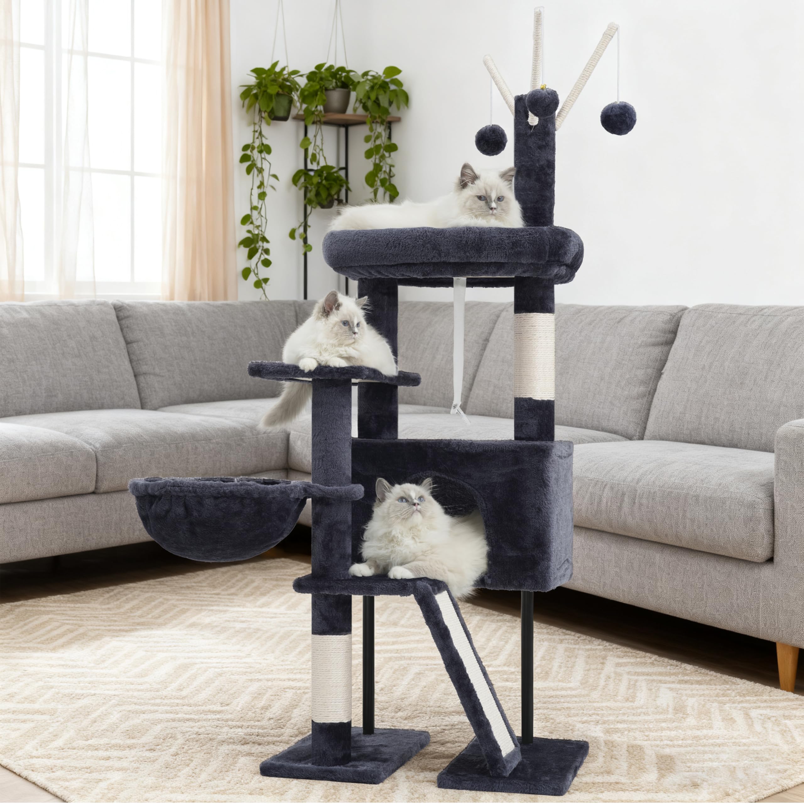 Gitelsnour Arbre à Chat Interieur, Tour de Jeux pour Chats, Tour Chat avec Griffoirs, Plateforme supérieure Amovible, Poteaux à Griffer, Hamac, Pompons, Niches, Gris foncé GCT006SG