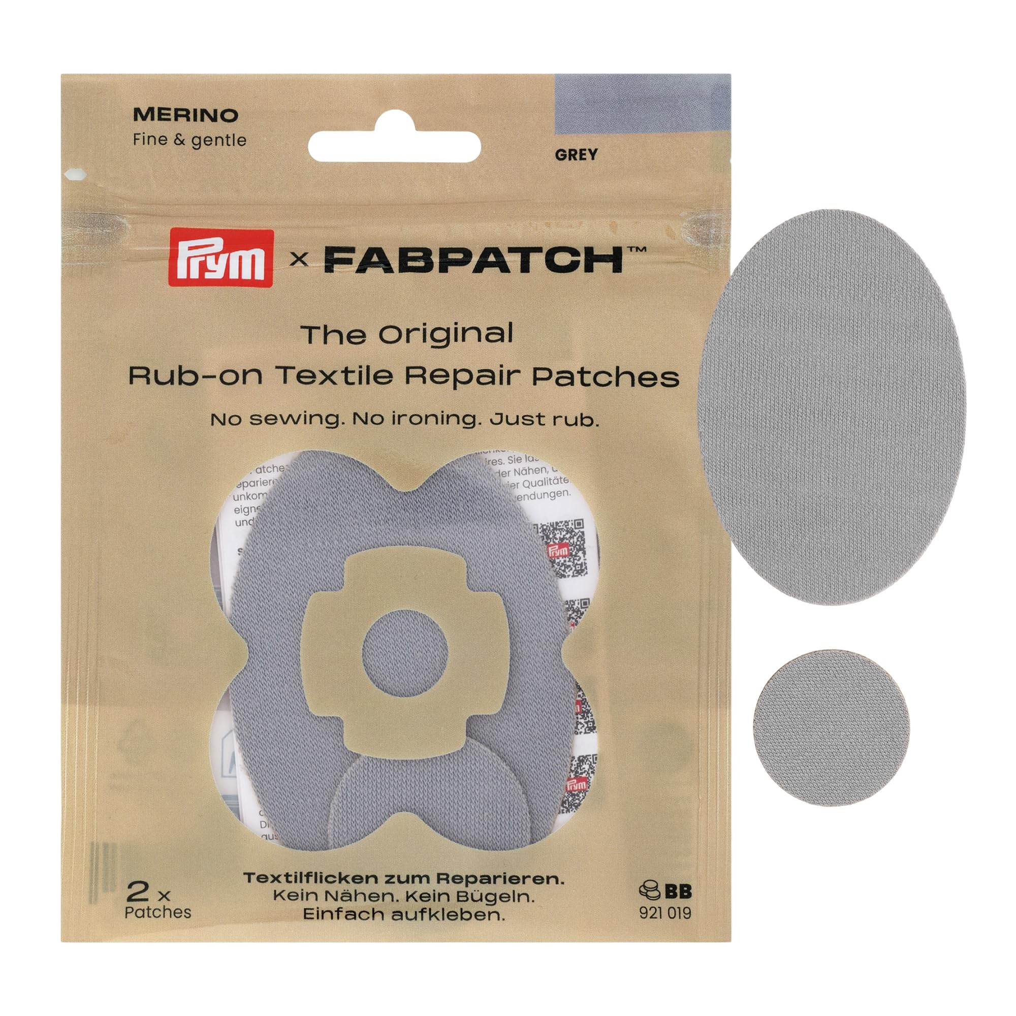 Prym 921019 FabPatch Merino Rub-on Patch Light Grey (Pack of 2) - Self-Adhesive Repair Patches Made of 100% Merino Wool for Sweaters, Fine Knit, Underwear & Inner Lining - No Sewing & Ironing