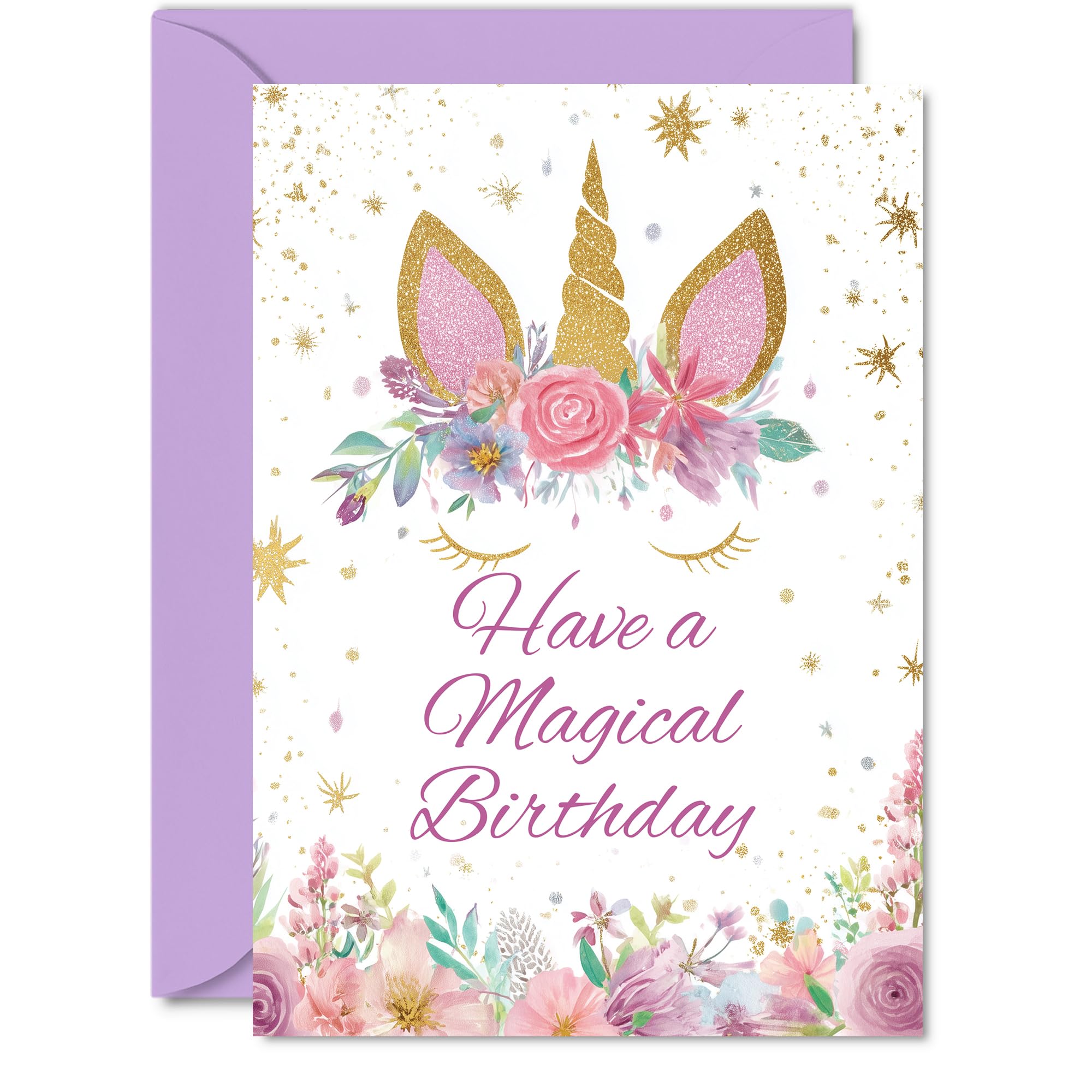 Playful Birthday Card - Sprinkle Some Birthday Magic - Whimsical Unicorn and Floral Design in Pink and Gold - A5, Envelope Included