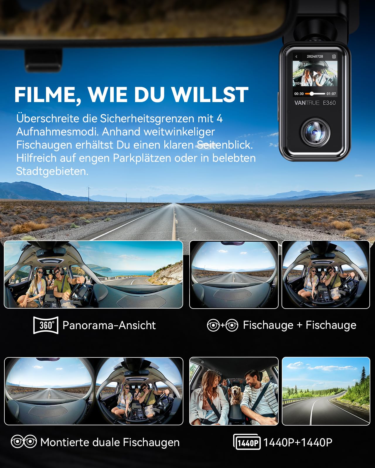 VANTRUE E360 Panorama Dashcam Auto Vorne Innen, 1.54″ Touchscreen | Dual STARVIS 2 HDR Dash Cam, 360° Parküberwachung mit WiFi App, GPS, max. 1TB Erweiterbar (Heckkamera/Tragehalterung)