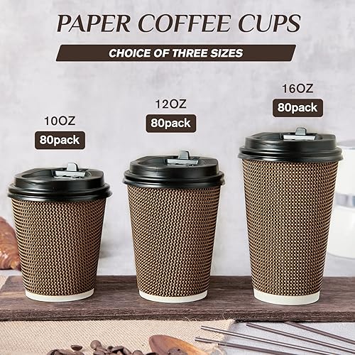 Miniatura 7 de LITOPAK Paquete de 80 tazas de café de papel de 16 onzas, vasos de papel de pared con tapa y pajitas, tazas aisladas de tres capas para bebidas