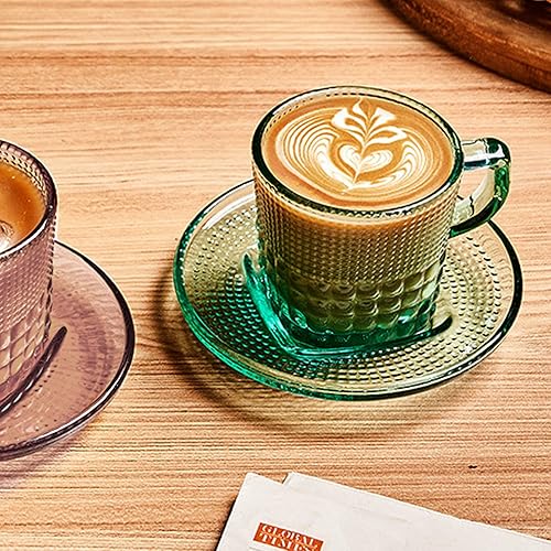Miniatura 6 de Linkidea Taza de café de cristal vintage con platillos de 6 onzas para café juego de cristalería en relieve taza de desayuno plato de postre para el