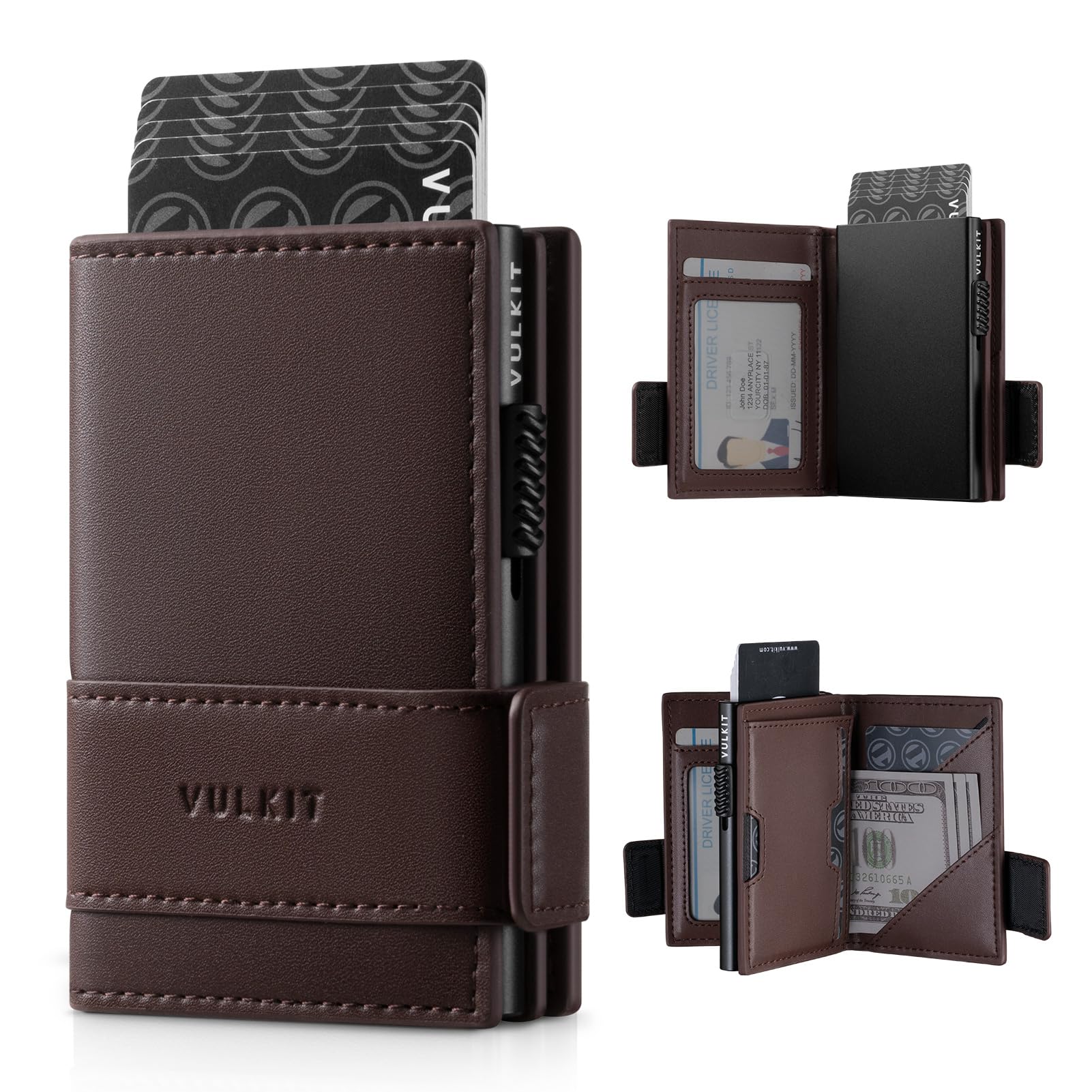 VULKIT Card Holder Bifold Pop Up Leather Wallet for Men RFID Blocking Metal Card Case, Holds 9 Cards and Banknotes Espresso