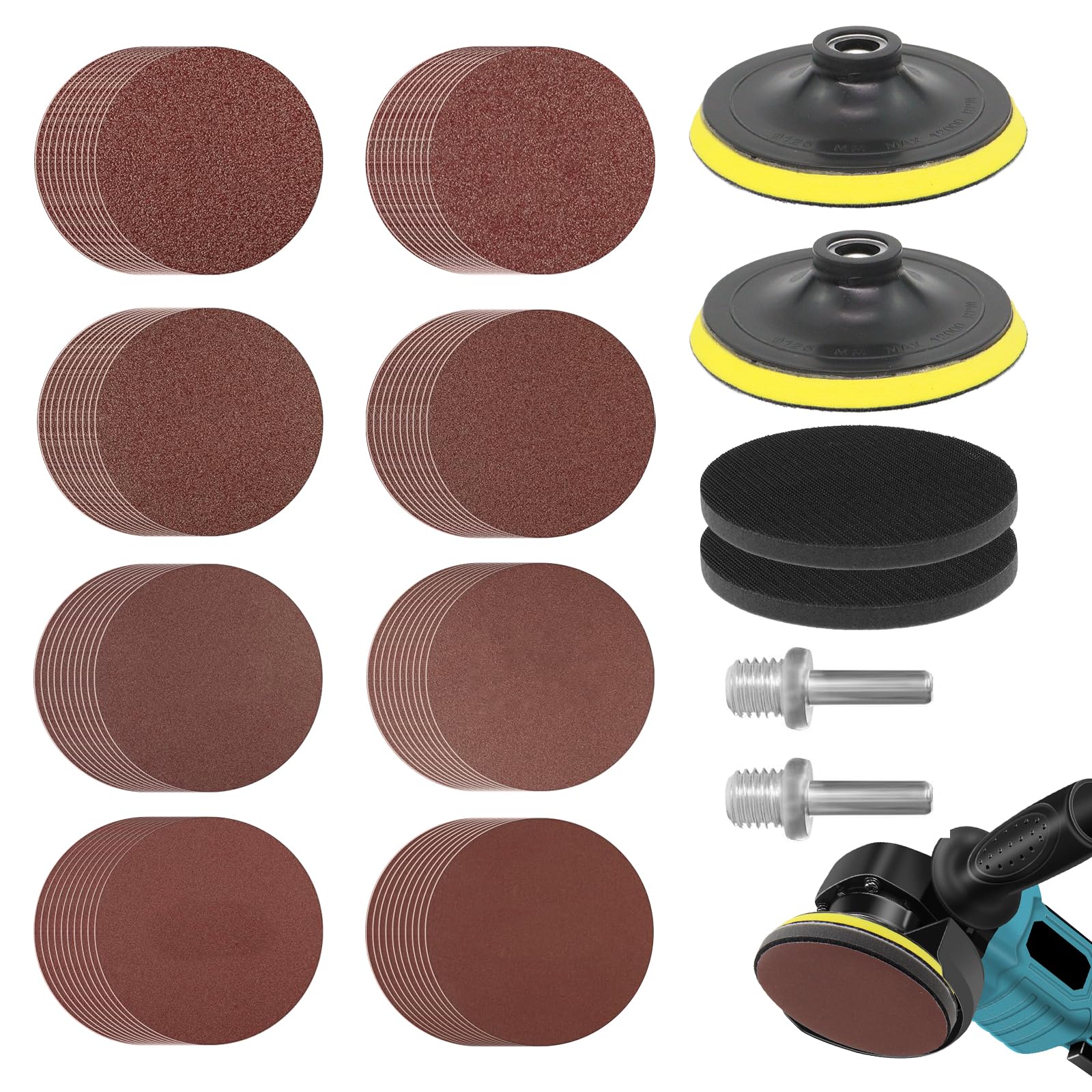 Set di 80 dischi abrasivi con 2 dischi abrasivi M14, 2 fusti e 2 tamponi, carta vetrata da 125 mm, grana in 40/60/80/120/180/240/320/600 per smerigliatrice angolare