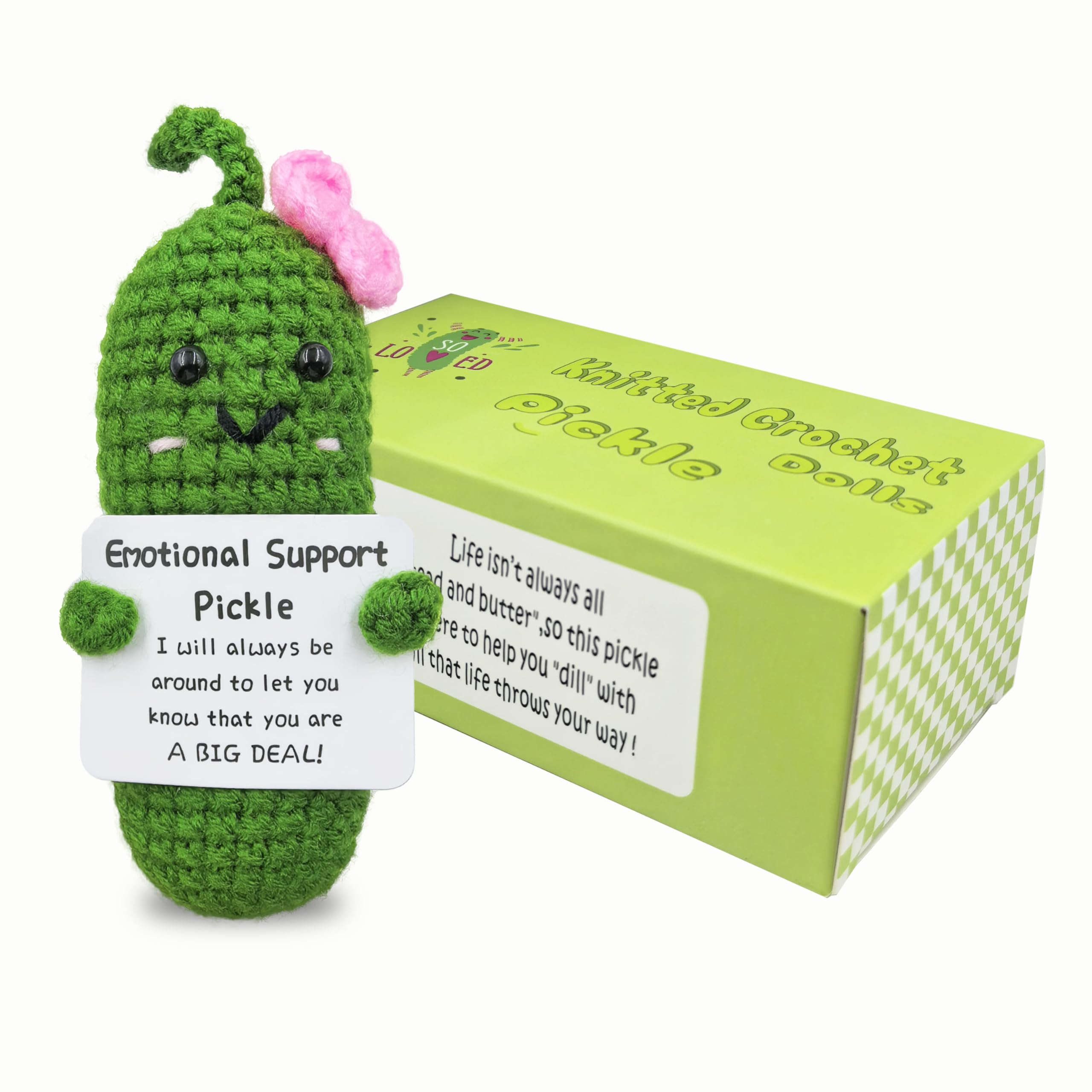 Emotional Encouraging Pickle,Funny Pickle with Support Card,Cute Knitted Crochet Dolls Soft Plush for Friend Gifts (Pickle)