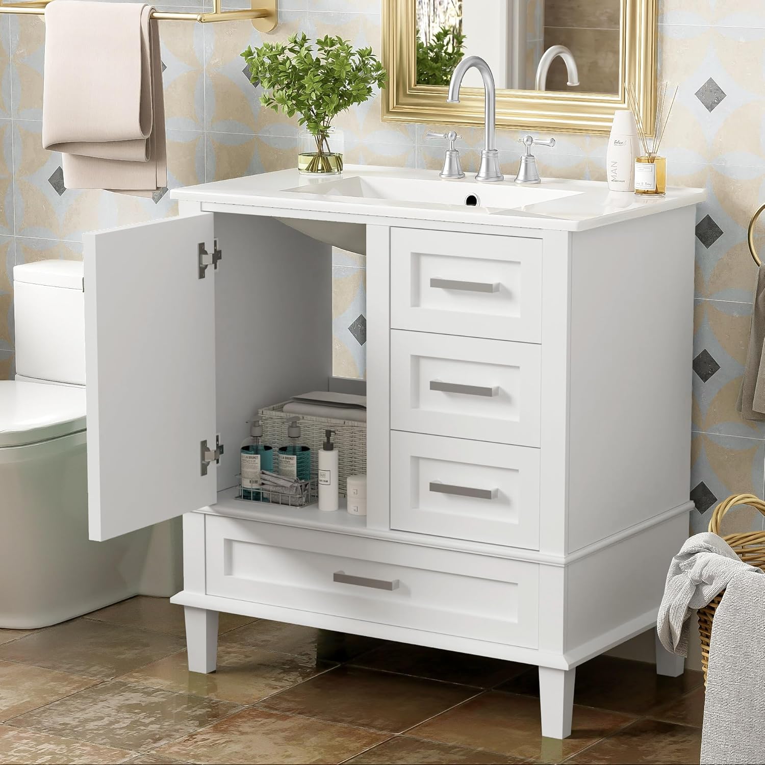 Linique 30" Modern Bathroom Vanity with Sink Combo Set, Solid Wood Frame Bathroom Storage Cabinet with a Soft Closing Door and 3 Drawers, White