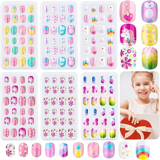 144 Pieces Press on Nails Grils, Thrilez Children Fake Artificial False Nail Tips Pre Glue Full Cover Short Acrylic Nails for Girls Kids Nail Art Decoration (Rainbow Sky)