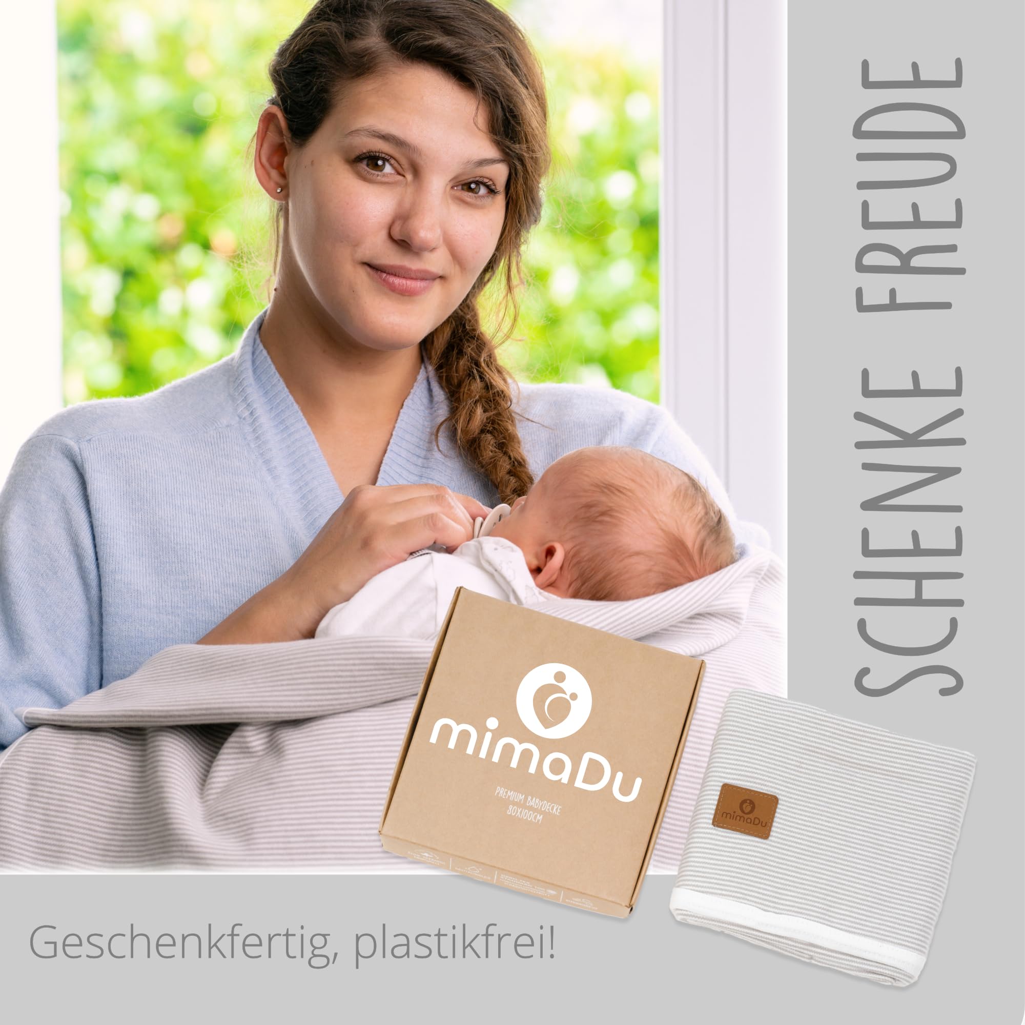 mimaDu - Premium Babydecke 100% Oeko-TEX gekämmte Baumwolle - Baby Baumwolldecke ideal als Kuscheldecke für Junge & Mädchen - Winter Baby Decke extra warm, weich & atmungsaktiv 80x100cm (Grau/Weiß)