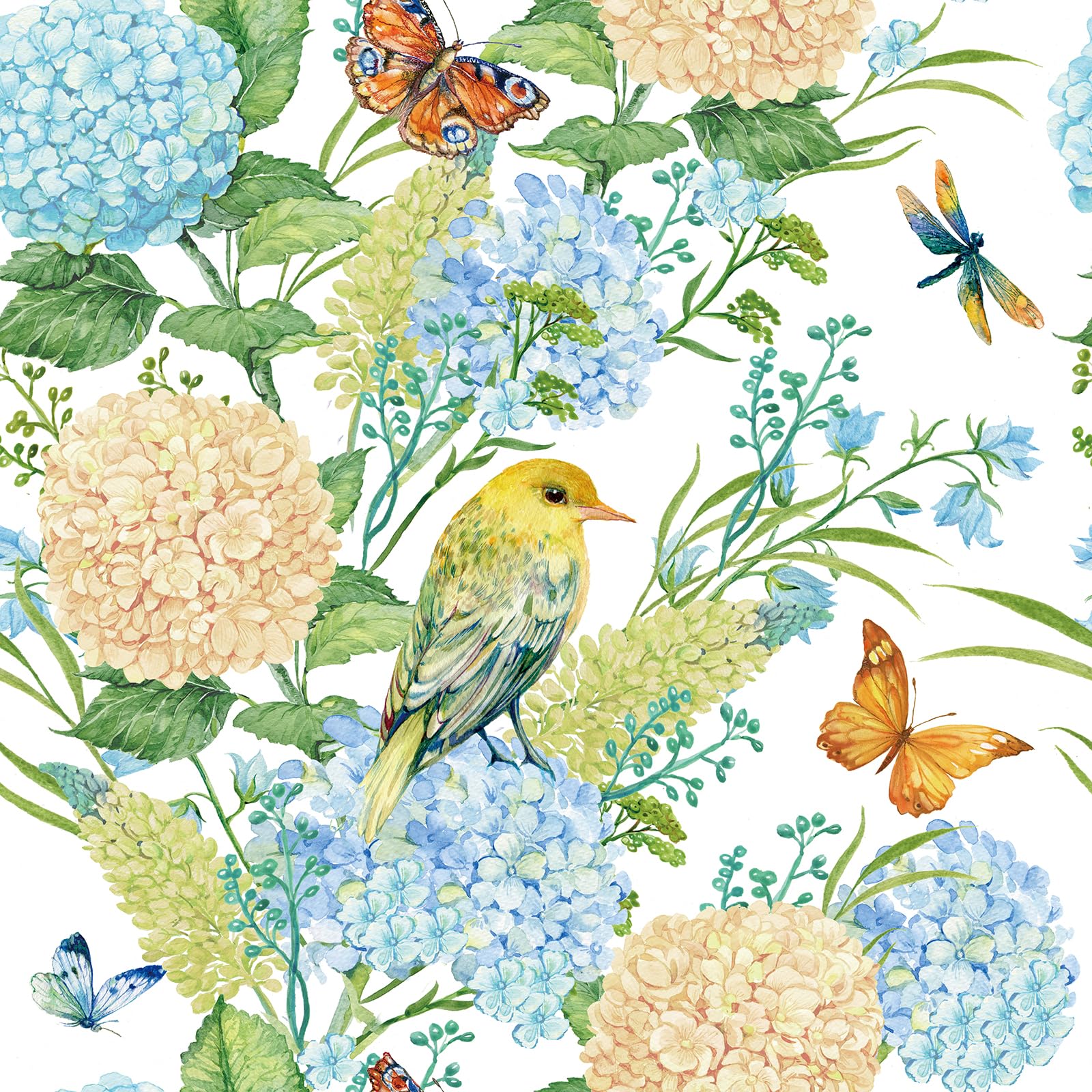 FunStick 44.5CM×9M Carta da Parati Adesiva Muro Floreale Bianca Pellicola Autoadesiva per Muro Bagno Rivestimento Decorativo Carta Adesiva per Mobili Bianca Floreale Uccelli e Libellule Acquerello