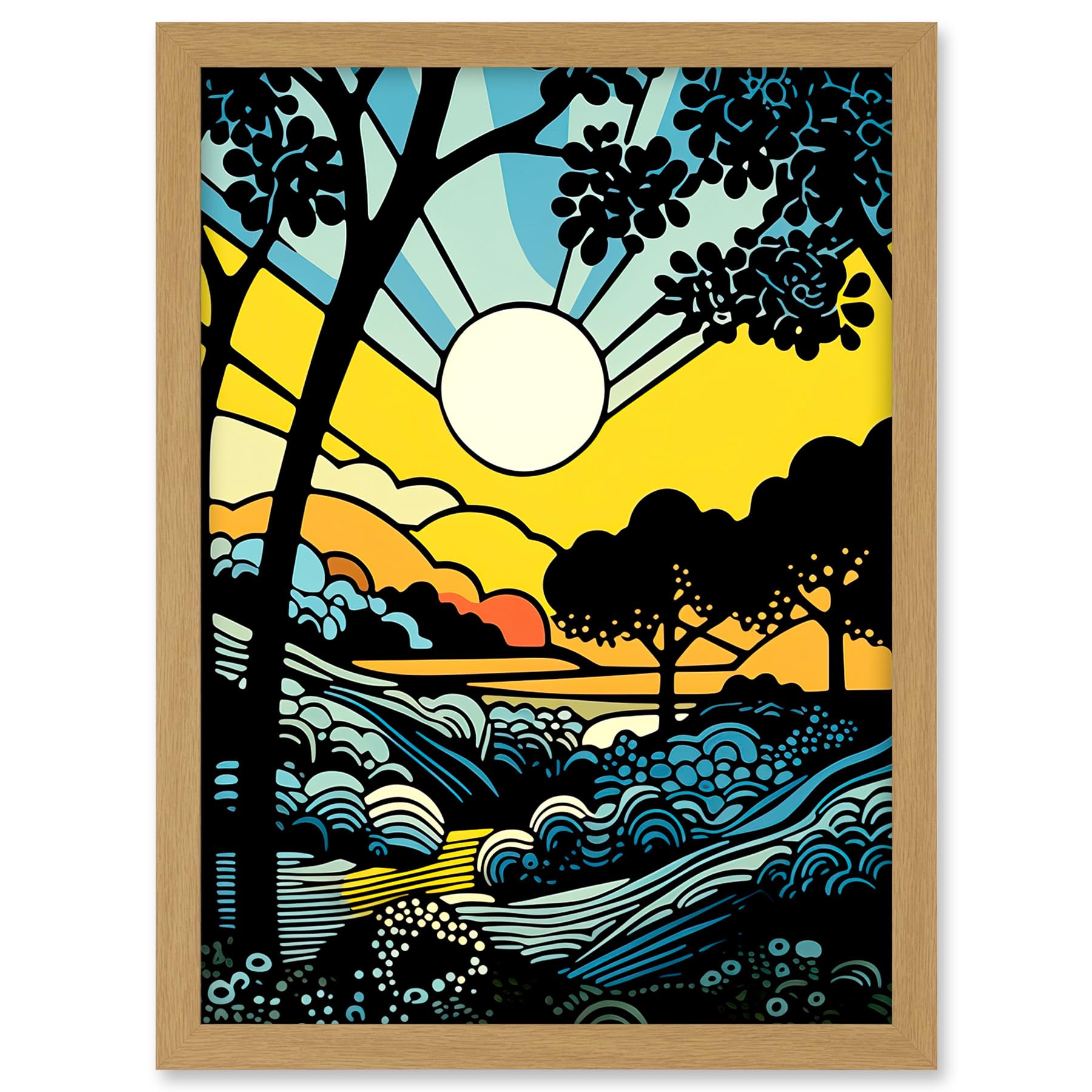 Artery8 Forest Sunrise Landscape Sun Rays Patterns Blue Orange Pop Art Comic Book Halftone Artwork Framed A3 Wall Art Print