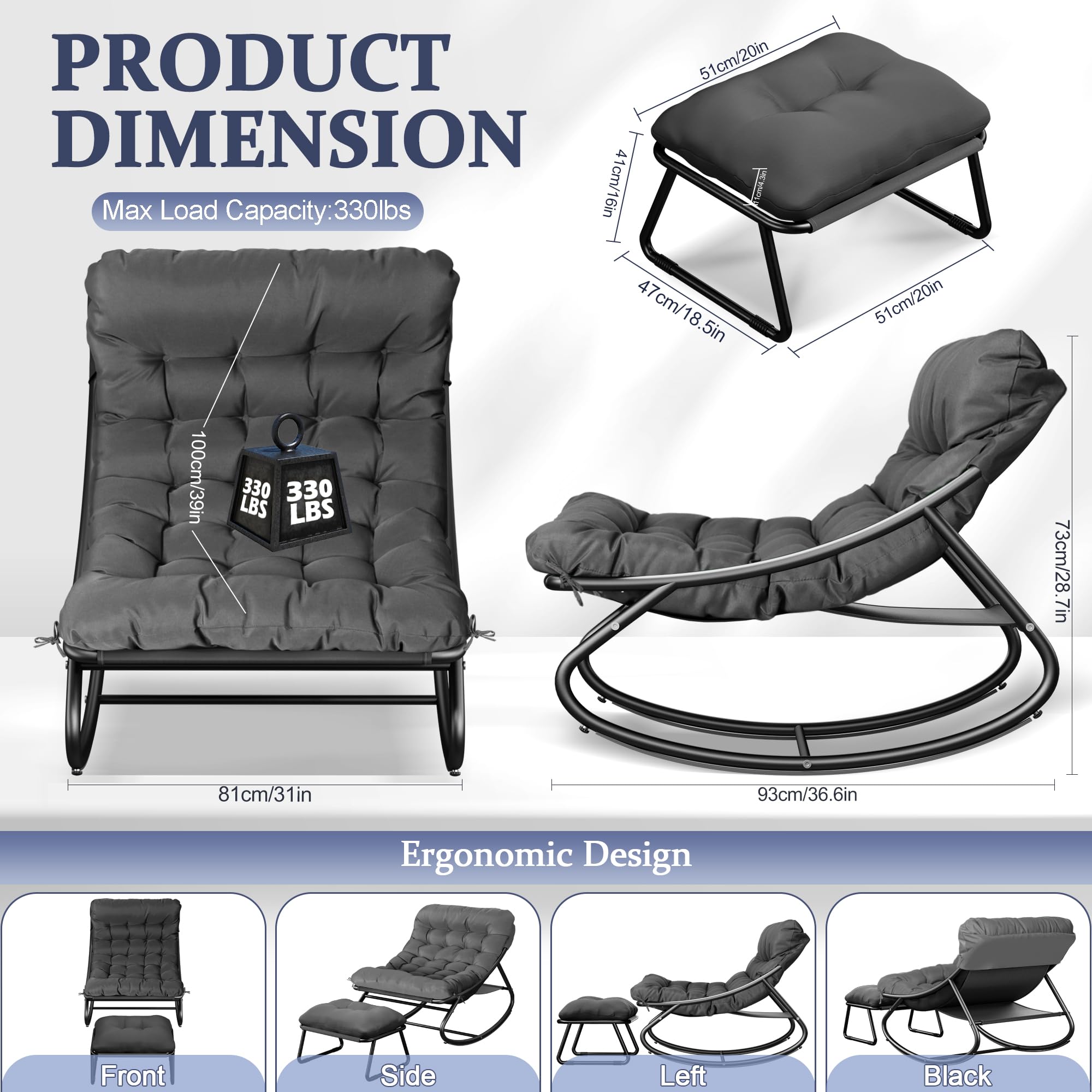 Silla Mecedora con Reposapiés, Carga 150 kg, Sillon Mecedora Salon Extra Grande con Cojín Acolchado, Rocking Chair Marco de Metal, Sillón Relax para Adulto Salón, Dormitorio, Interior y Exterior(gris)