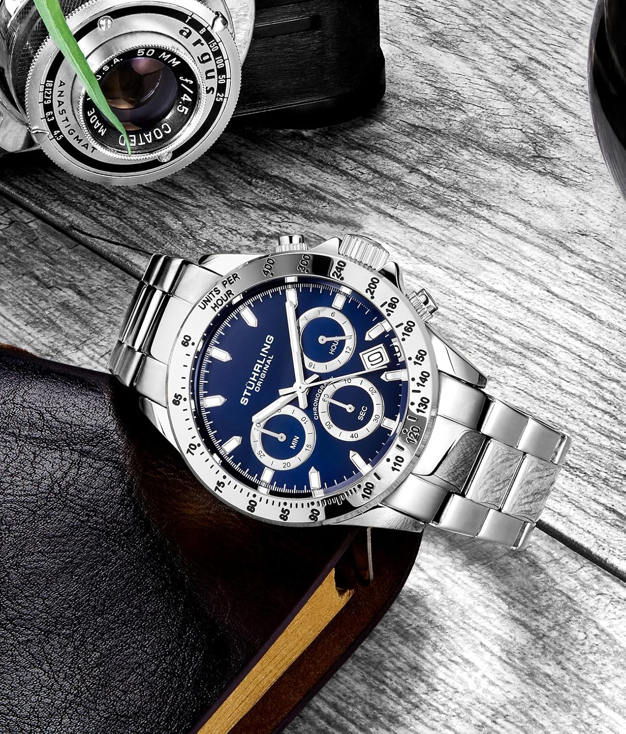 Stührling Original Men's Chronograph Watch Dial, Stainless Steel Bracelet, Quartz Analog Mens Watch, Tachymeter Sport Watch for Men, 100M Water Resistant Men's Wrist Watch